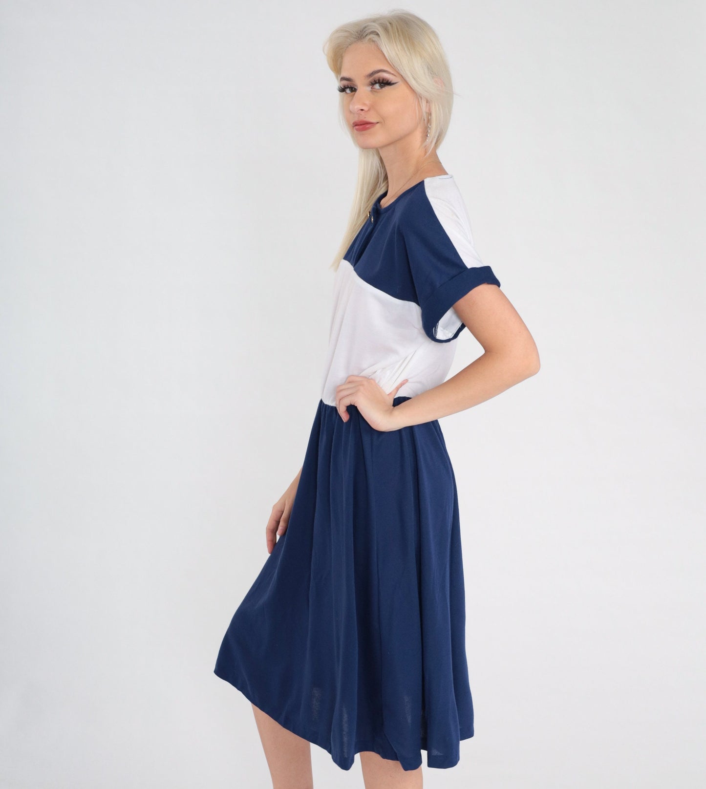 80s Nautical Anchor Button Midi Dress Navy White Color Block Medium Large