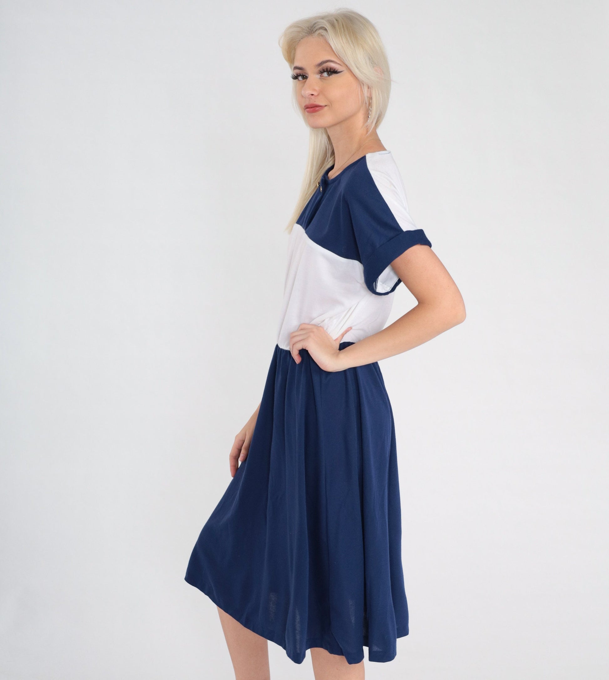 80s Nautical Anchor Button Midi Dress Navy White Color Block Medium Large