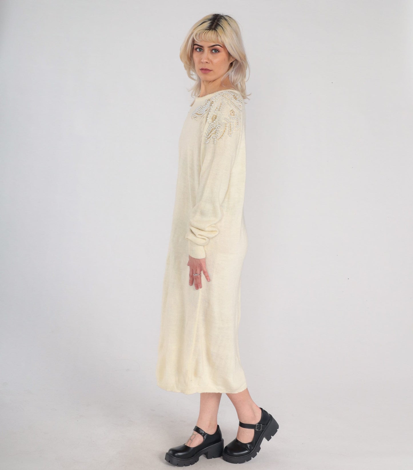 80s Cream Knit Midi Dress Pearl Beaded Shoulders Long Sleeve Shift Large L