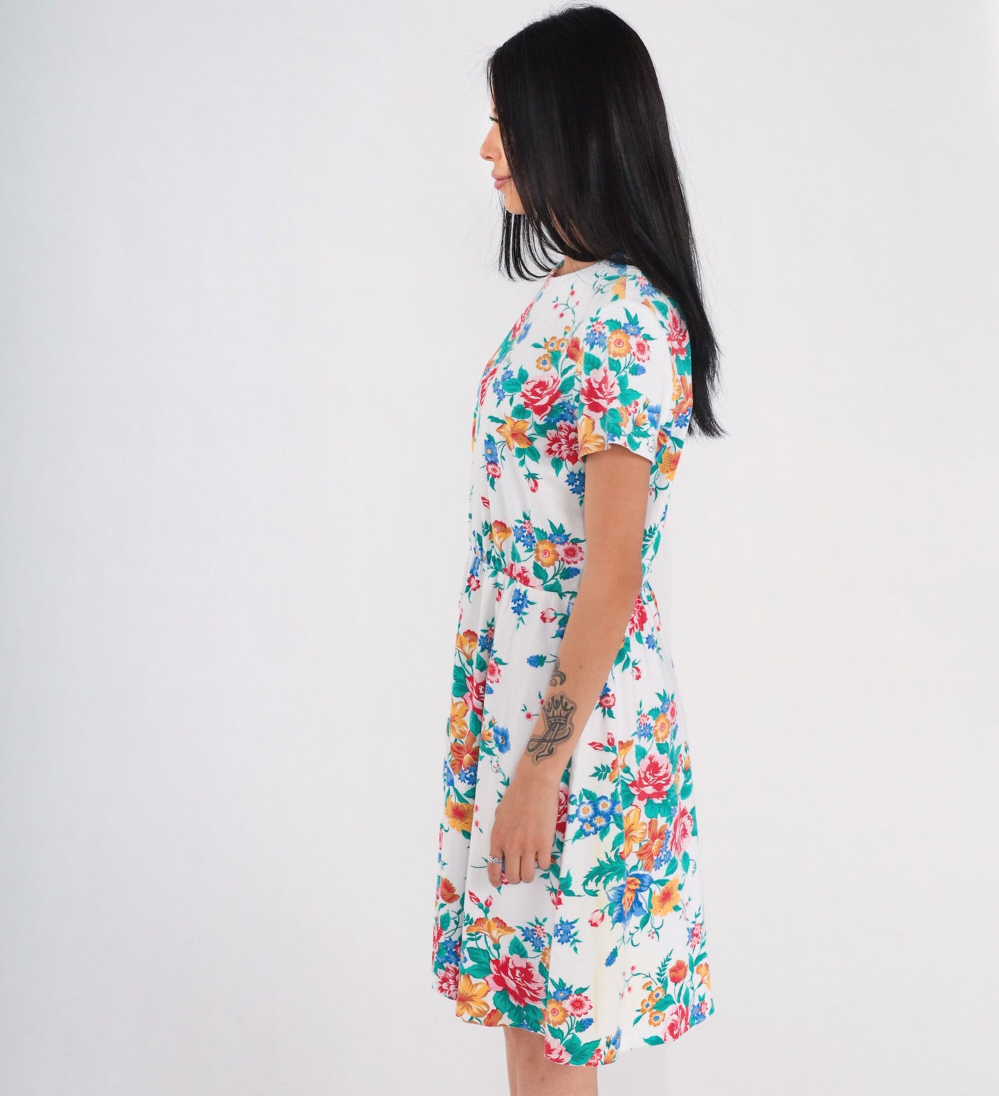 90s White Floral Rose Print Mini Dress High Waisted Short Sleeve Medium Large