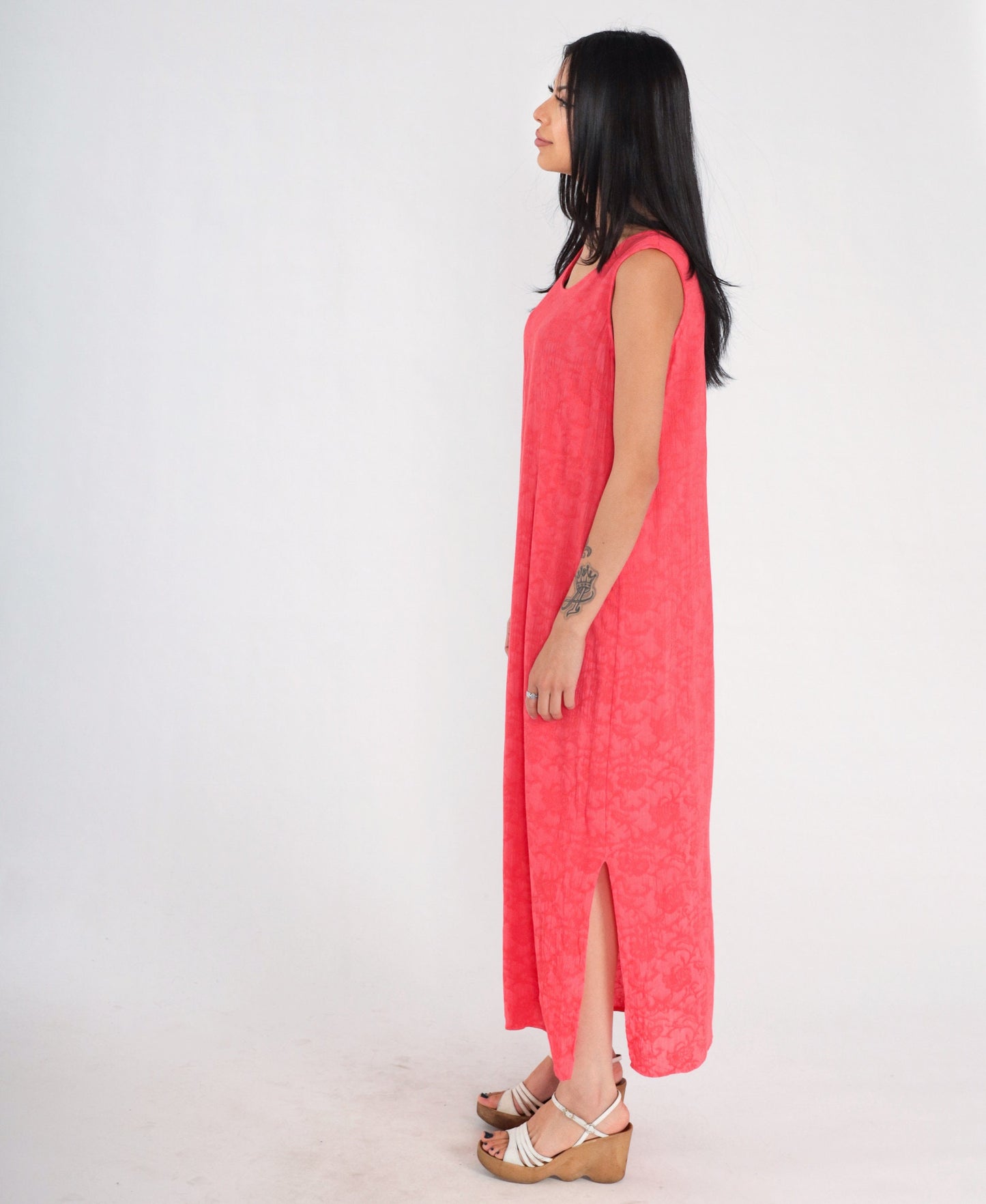 90s Pink Floral Embossed Maxi Dress Sleeveless Side Slit Shift Large 12