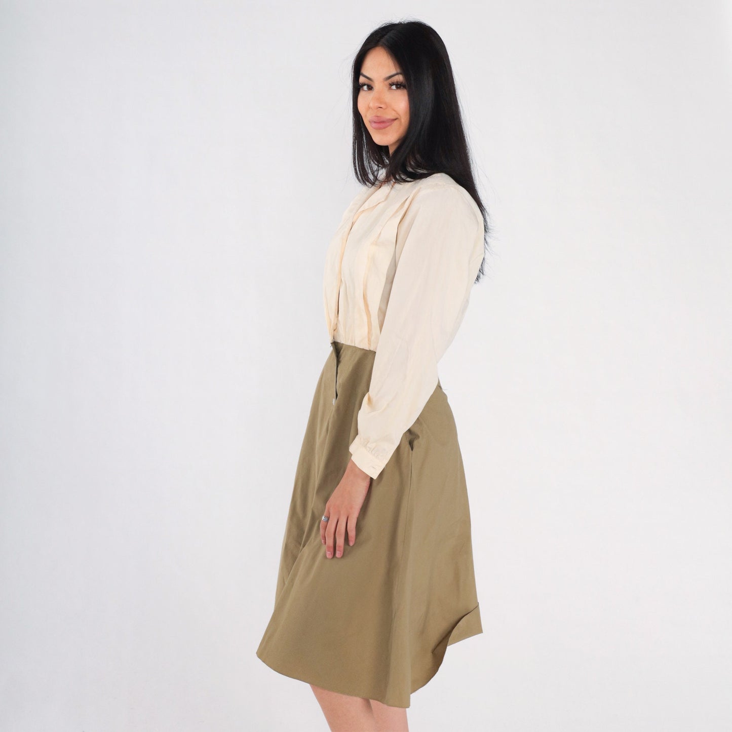 80s Leslie Fay Button-Up Shirtwaist Midi Dress Cream Olive Small