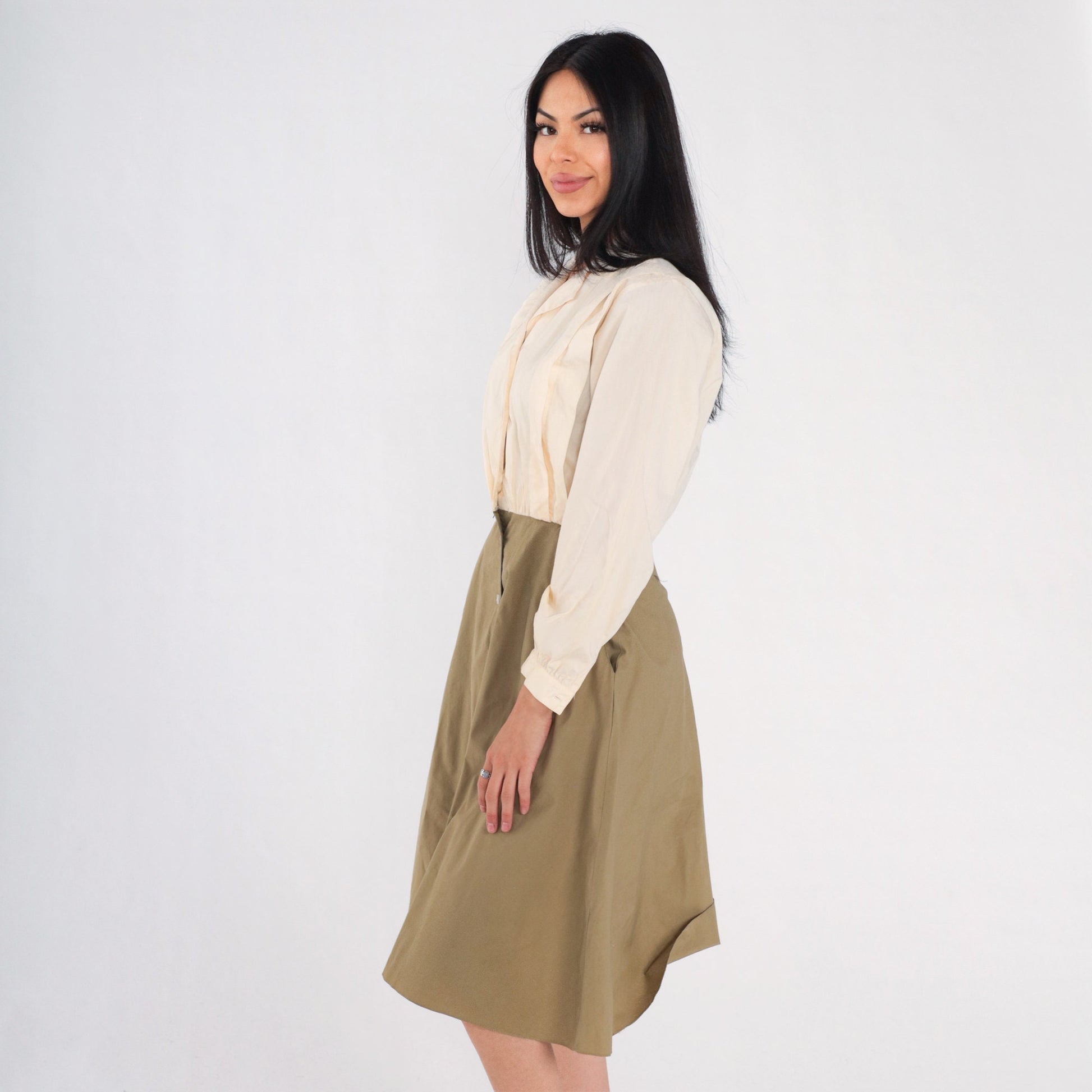 80s Leslie Fay Button-Up Shirtwaist Midi Dress Cream Olive Small