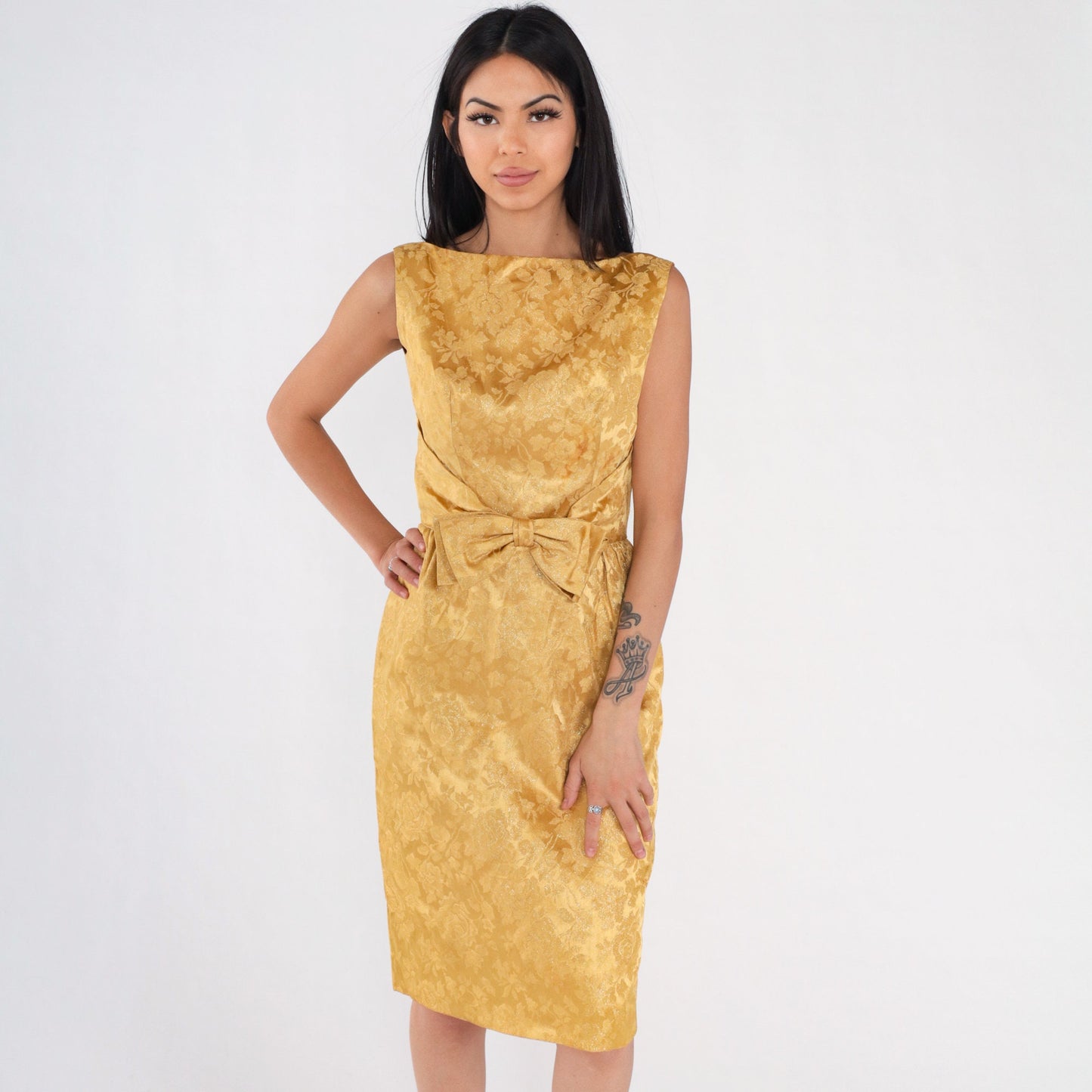 60s Gold Floral Brocade Mini Dress Sleeveless Low Back Bow High Waist Extra Small