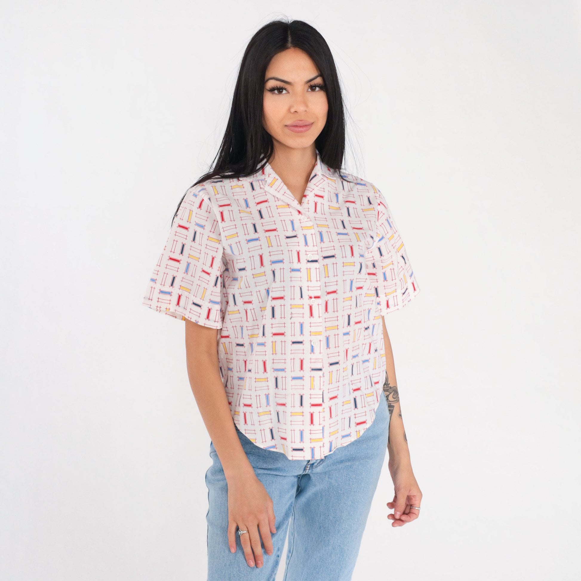 90s White Button Up Blouse Multicolor Geometric Lattice Print Short Sleeve Small