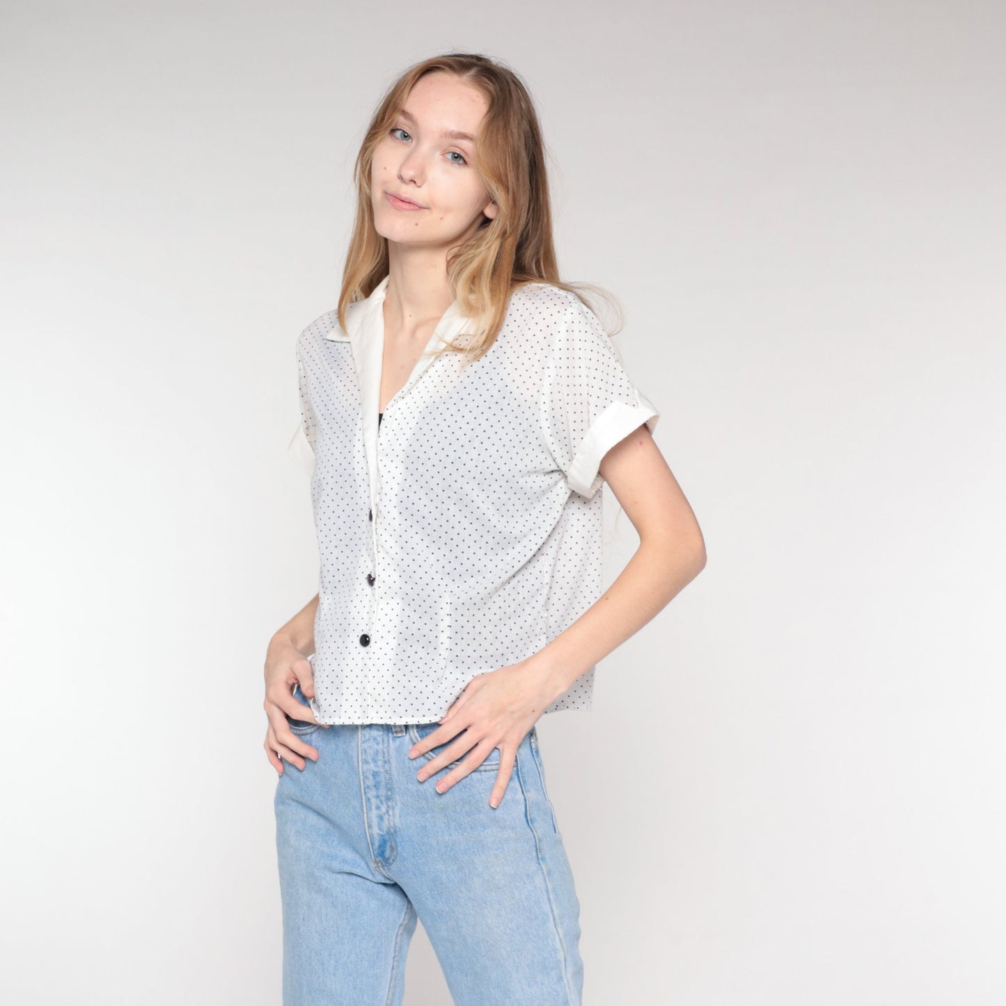 70s Polka Dot Button-Up Blouse White Black Collared Short Sleeve Large