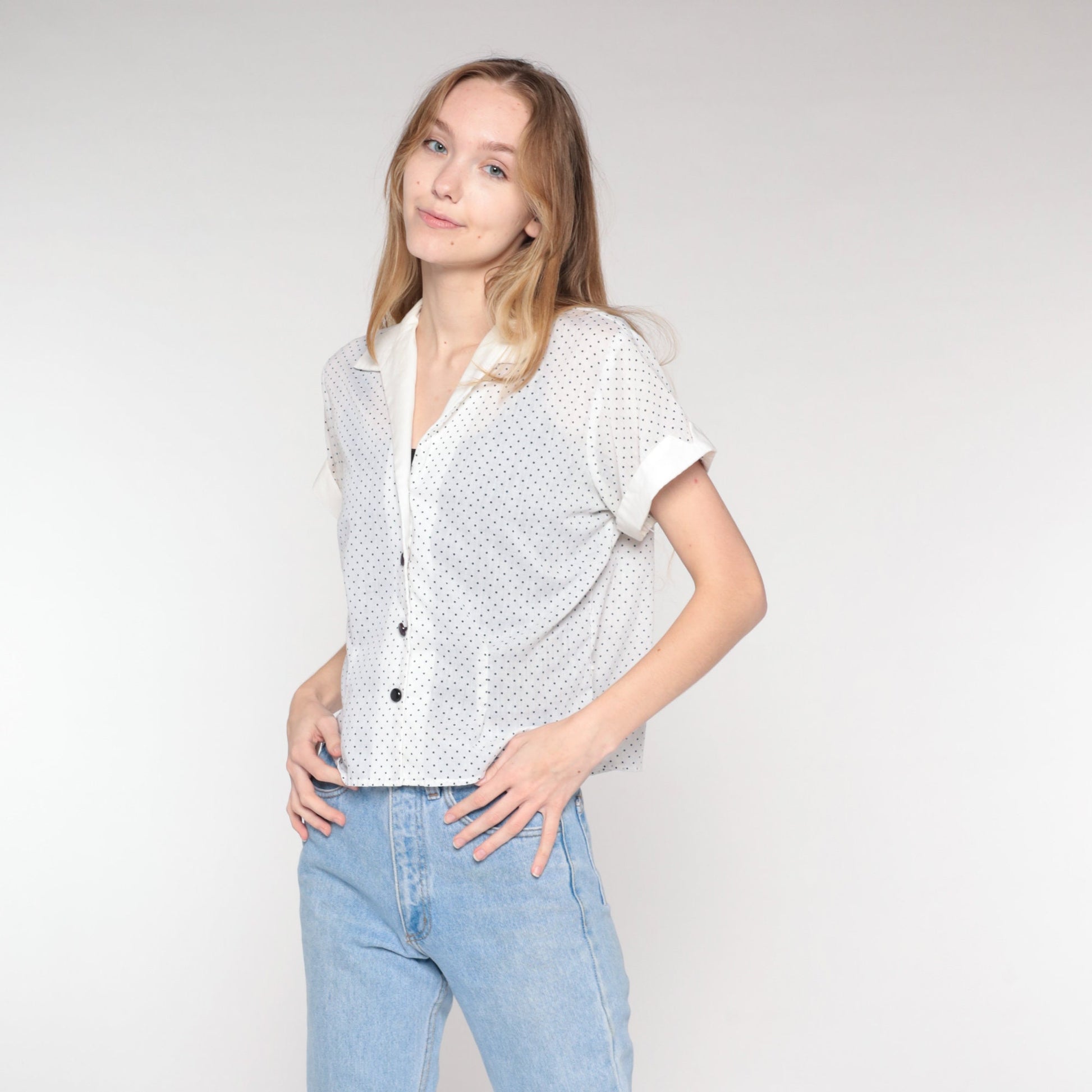 70s Polka Dot Button-Up Blouse White Black Collared Short Sleeve Large