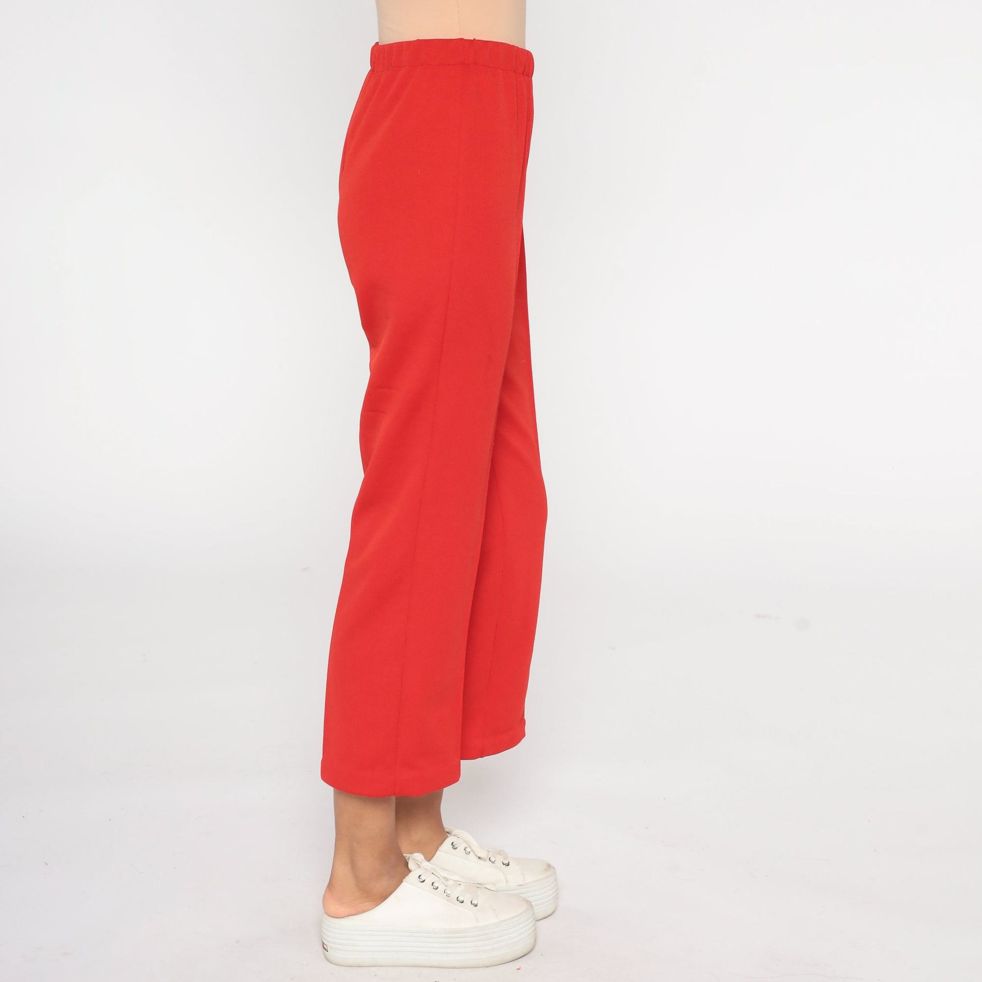 70s Red Straight Leg Pull-On Trousers Elastic Waist Extra Small
