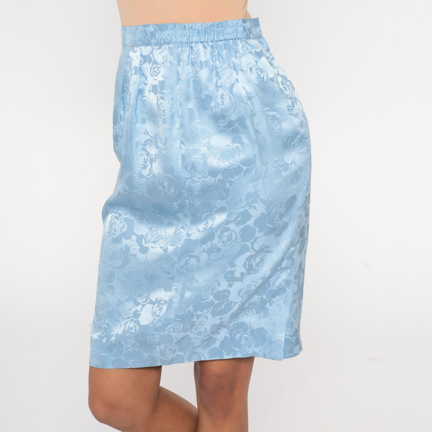 00s Blue Silk Floral Skirt Embossed High Waisted Knee Length Small 4