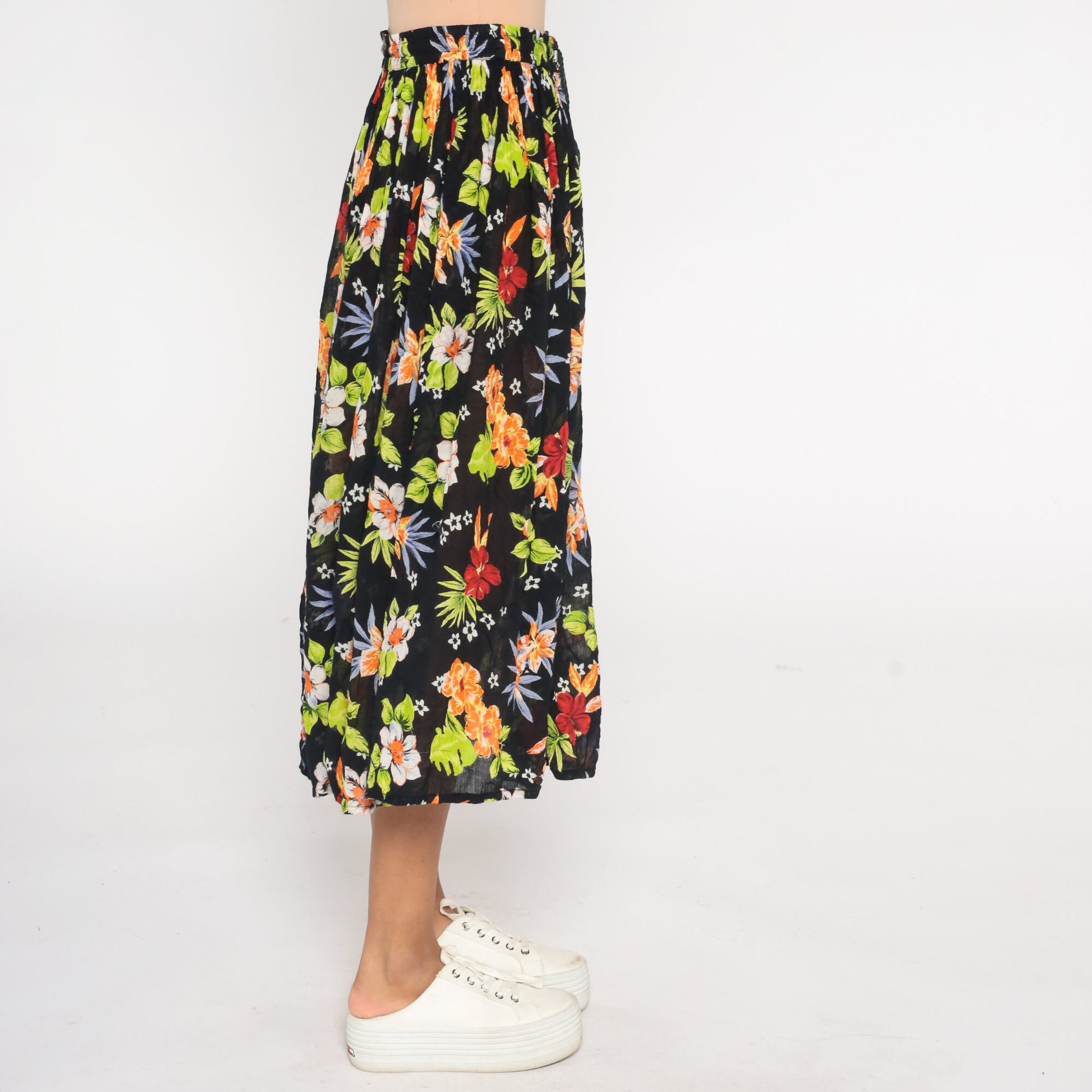00s Floral Broomstick Midi Skirt Black Tropical Gauze Drawstring One Size