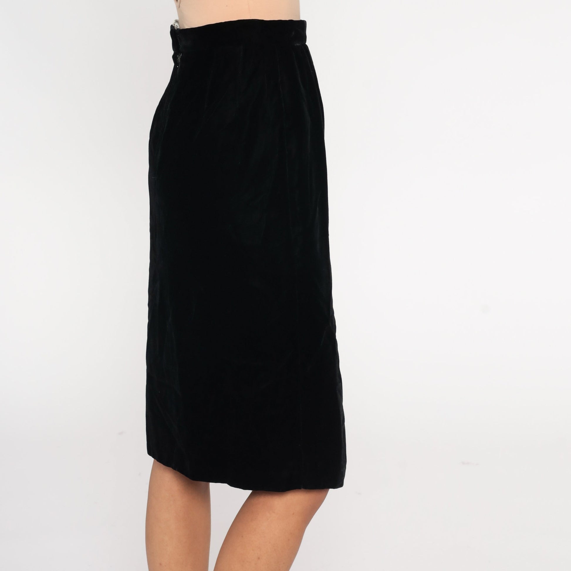 90s Black Velvet Midi Pencil Skirt High Waist Small