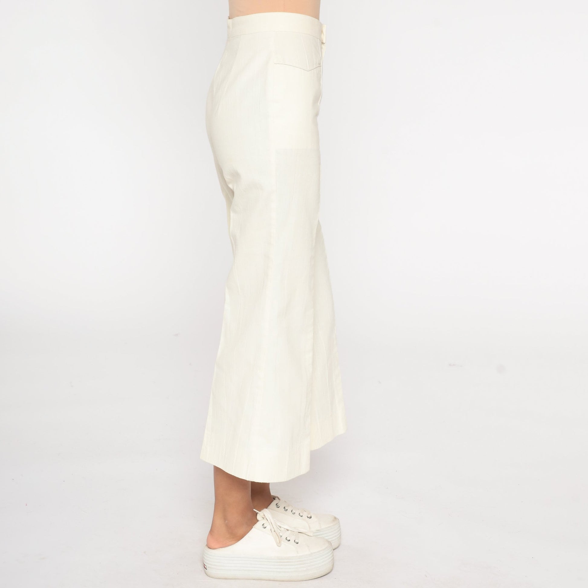 70s Bell Bottom Pants Off-White High Waist Cropped Ankle Trousers Extra Small XS