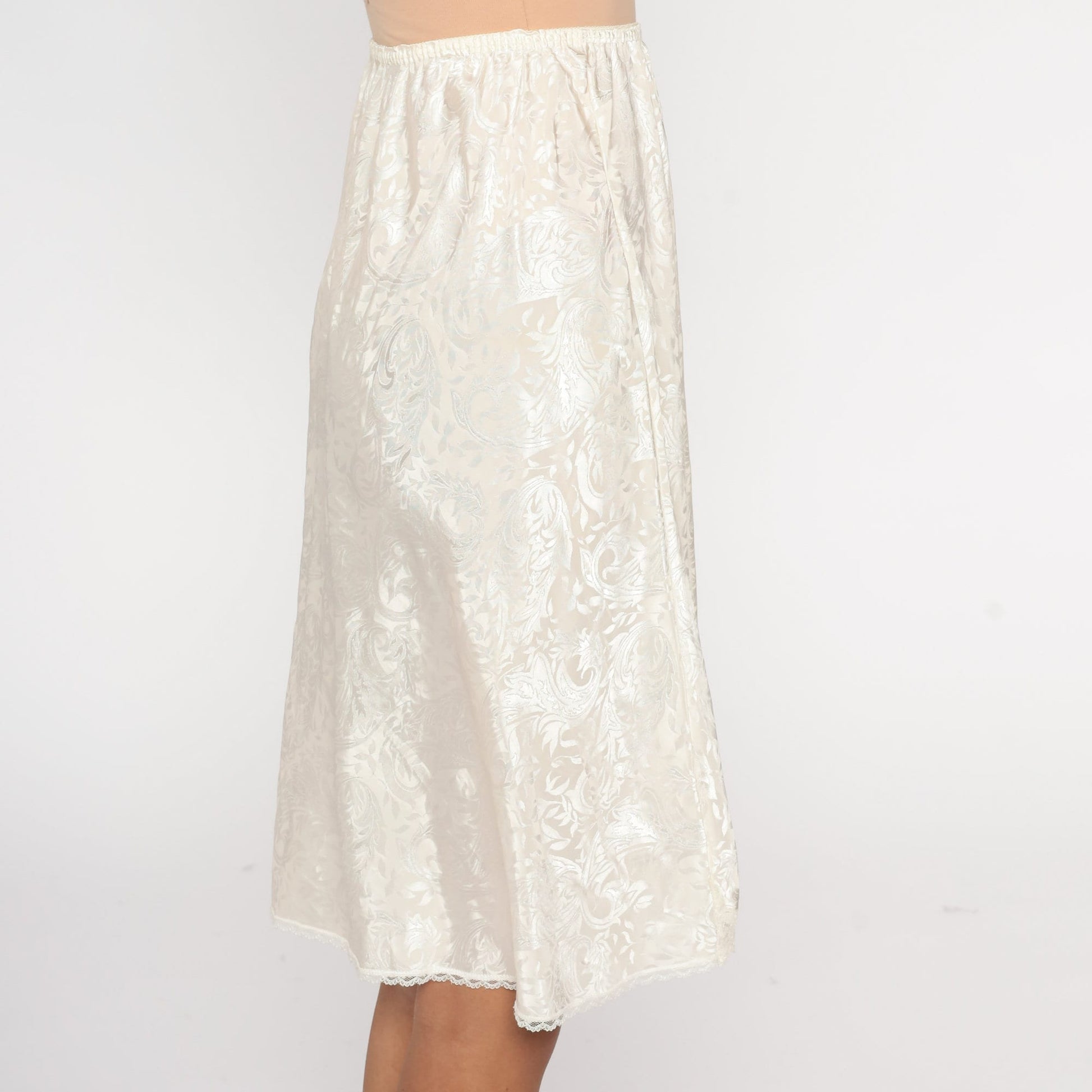 90s White Embossed Midi Slip Skirt Lace Trim High Waist Small