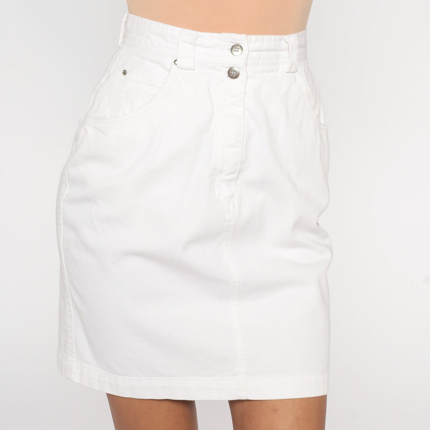 90s White Denim Mini Skirt Floral Embroidered Cutwork High Waist Extra Small