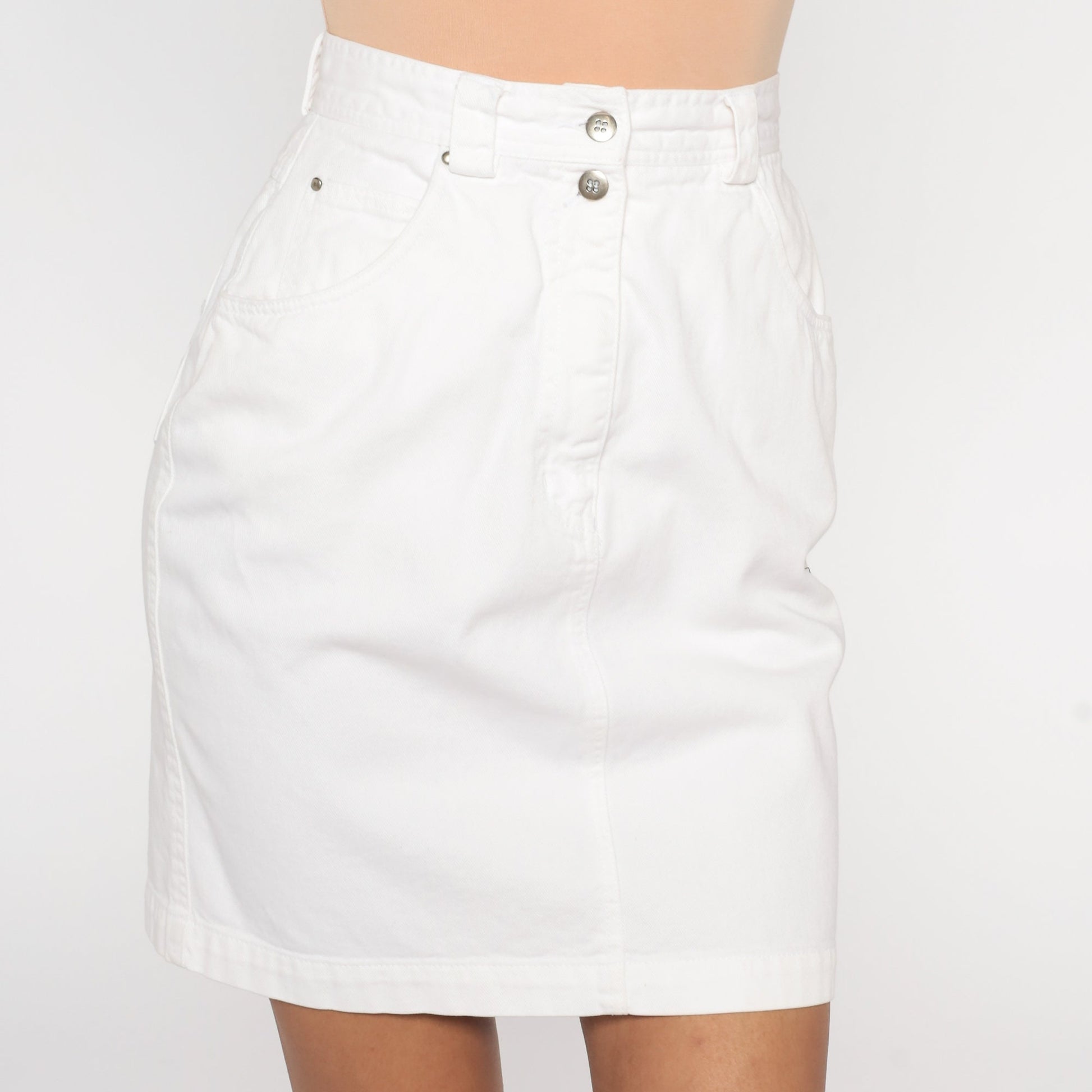 90s White Denim Mini Skirt Floral Embroidered Cutwork High Waist Extra Small