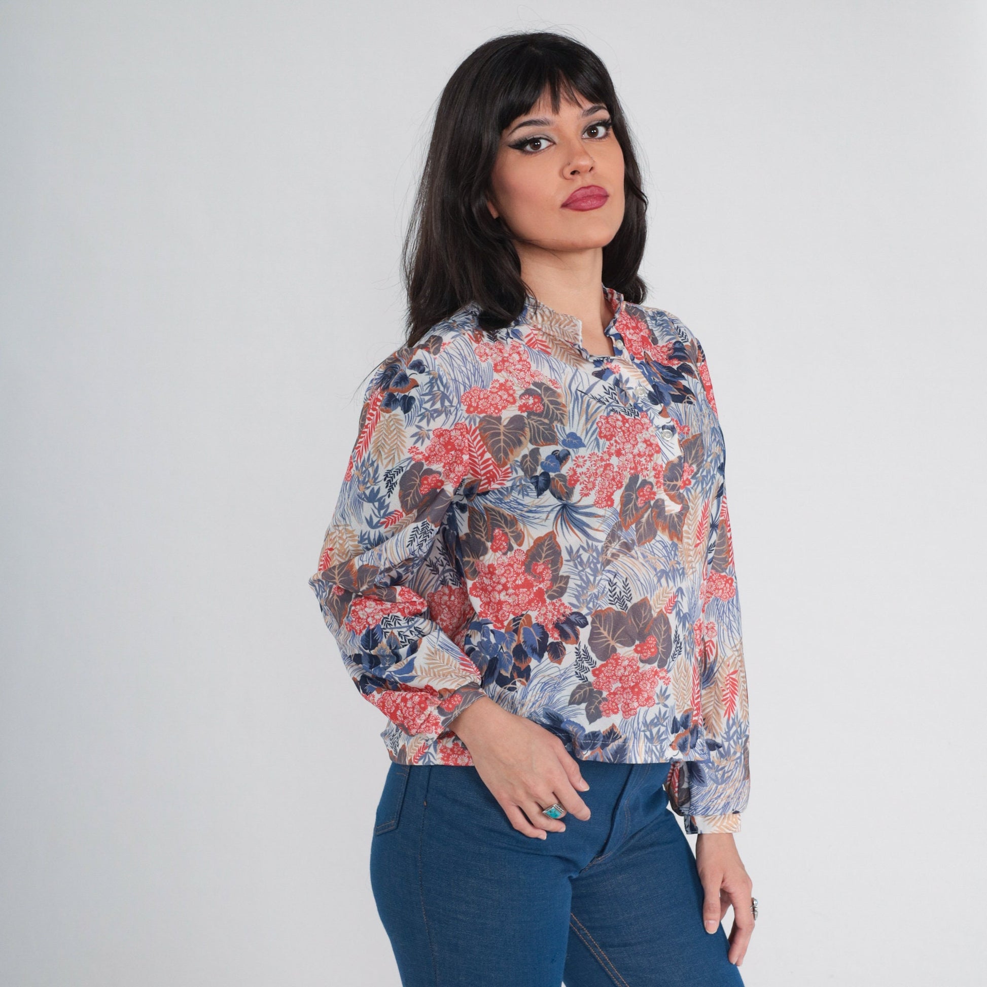 70s Floral Leaf Print Blouse Long Sleeve Half Button Up White Large
