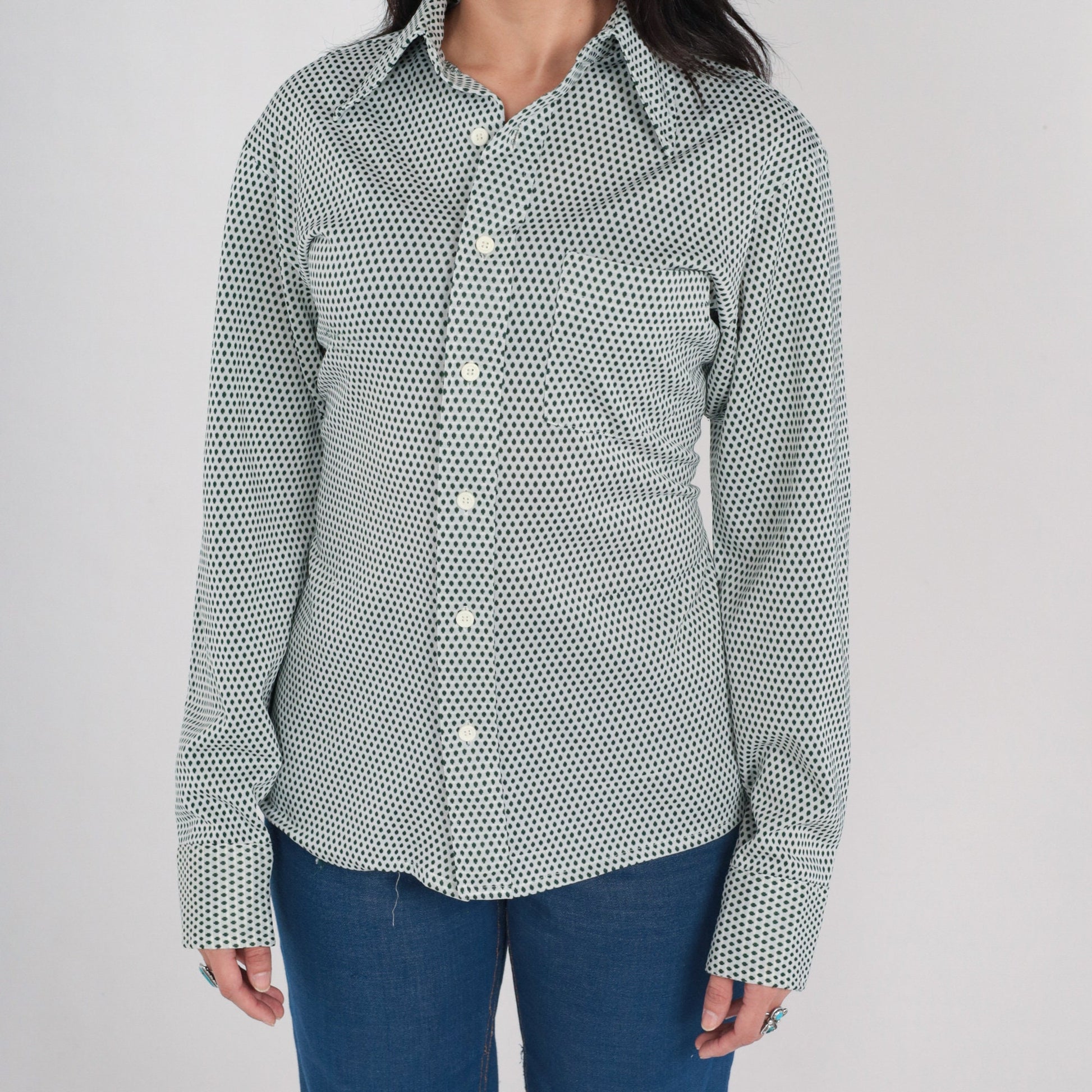 70s Arrow Button-Up Shirt White Green Dot Print Dagger Collar Medium