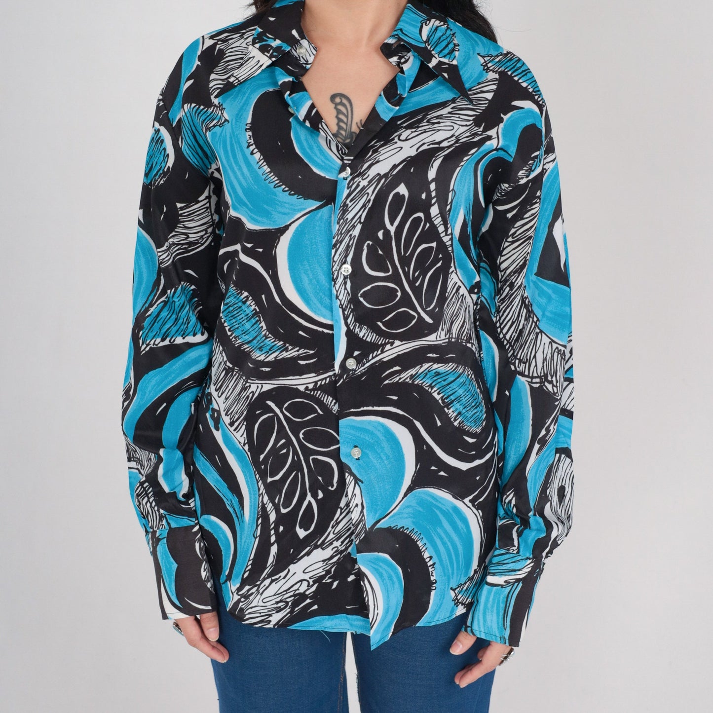70s Abstract Leaf Print Button-Up Shirt Blue Black Dagger Collar Long Sleeve Large