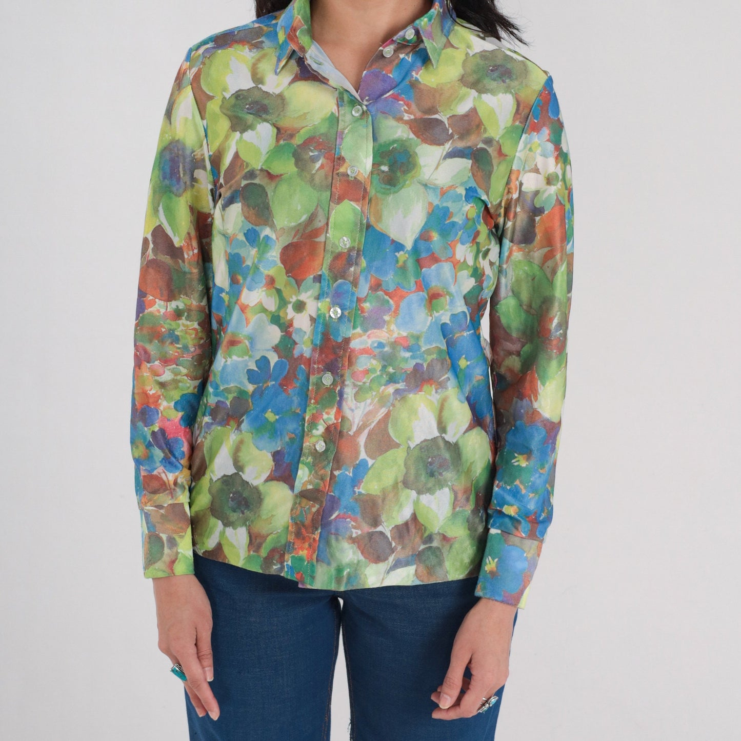 70s Floral Button-Up Blouse Long Sleeve Collared Shirt Green Blue Orange Medium