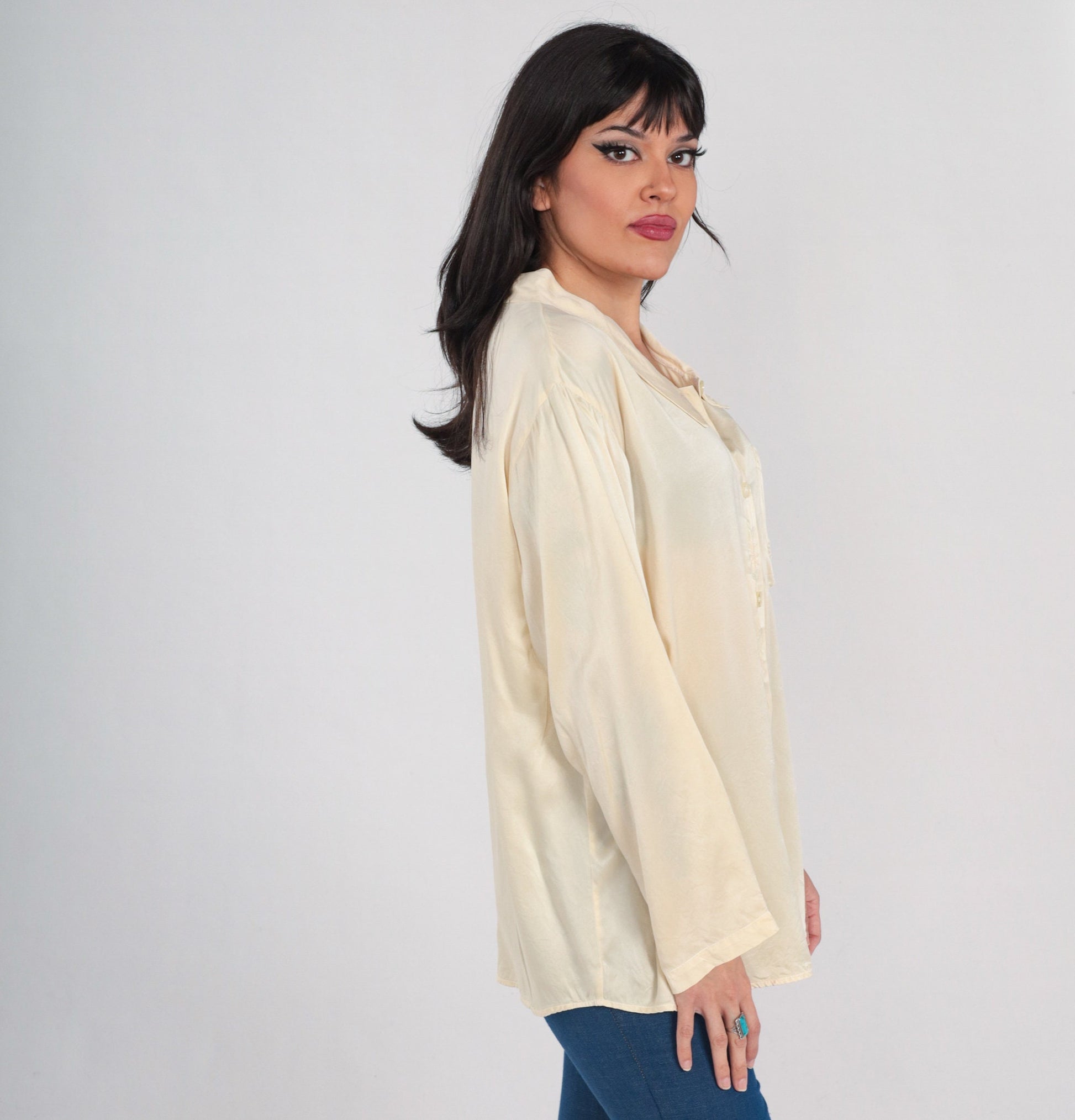 90s Cream Silk Blouse Floral Embroidered Button Up Long Sleeve Extra Large XL