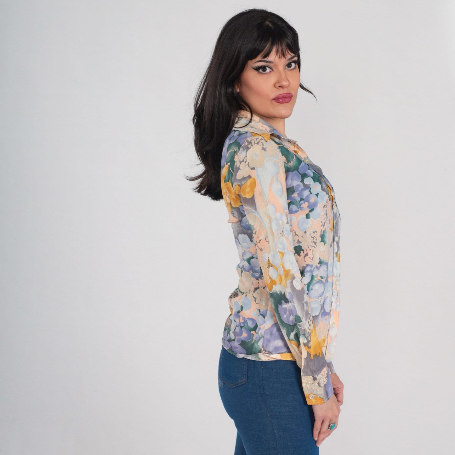 70s Watercolor Floral Button-Up Blouse Dagger Collar Long Sleeve Purple Green Extra Small