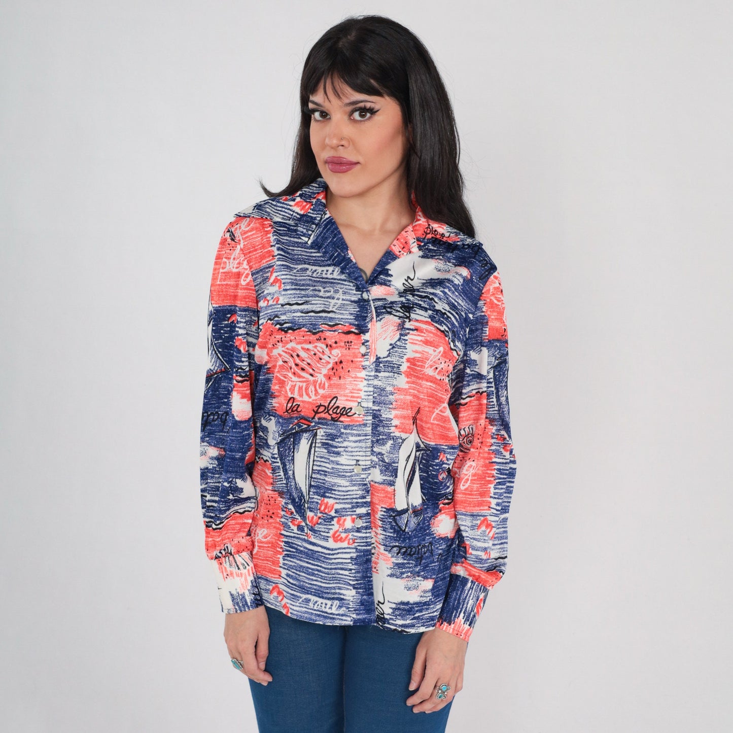 70s French Nautical Sailing Print Button-Up Blouse Red White Blue Medium