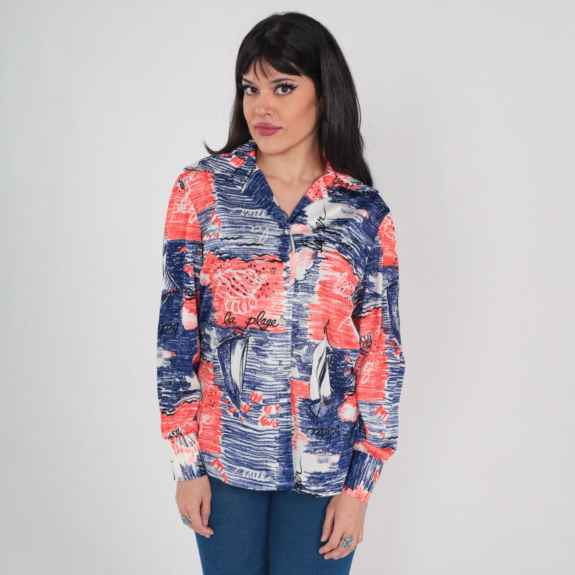 70s French Nautical Sailing Print Button-Up Blouse Red White Blue Medium