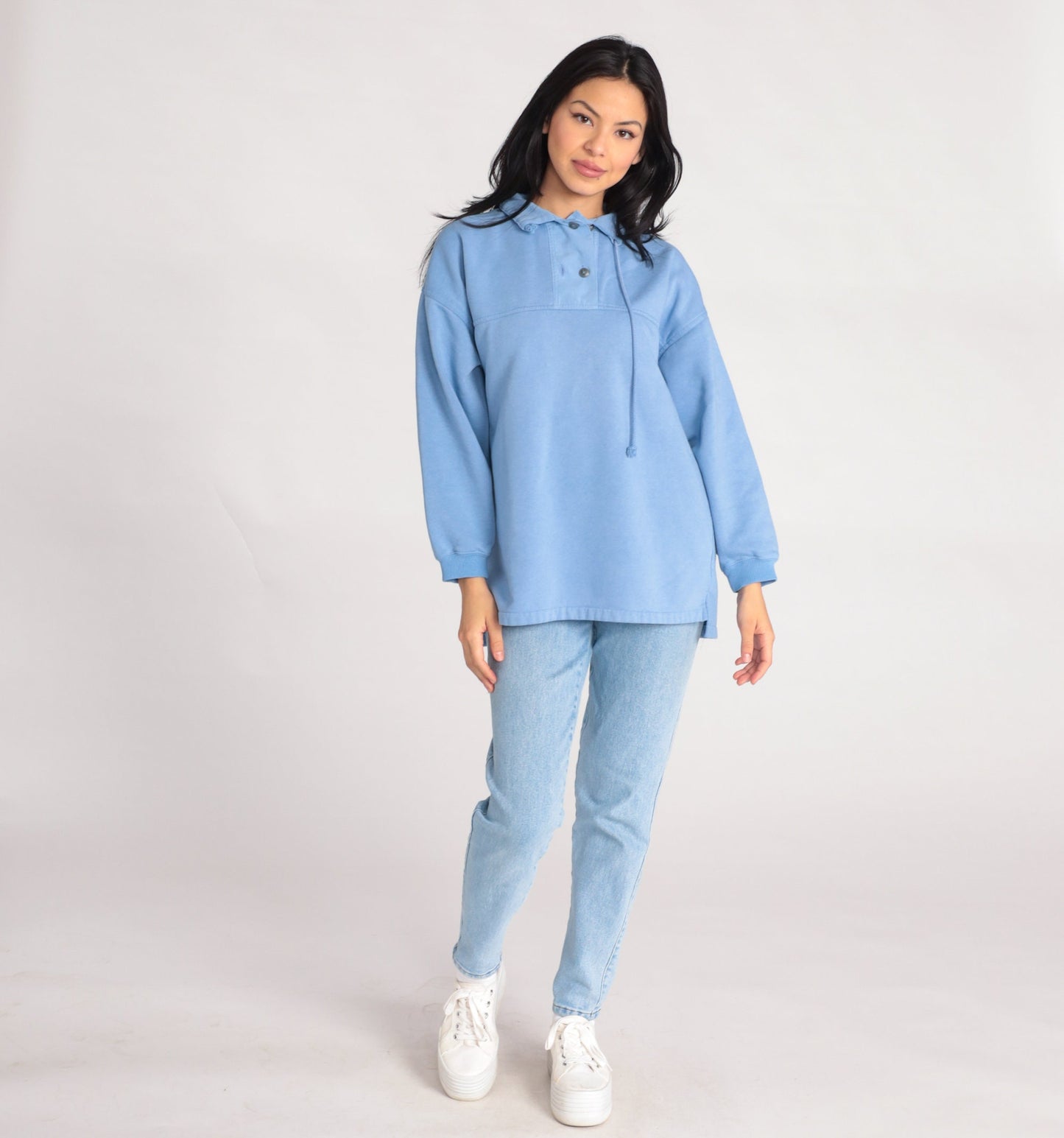 90s Cornflower Blue Sweatshirt Drawstring Neckline Polo Pullover Medium