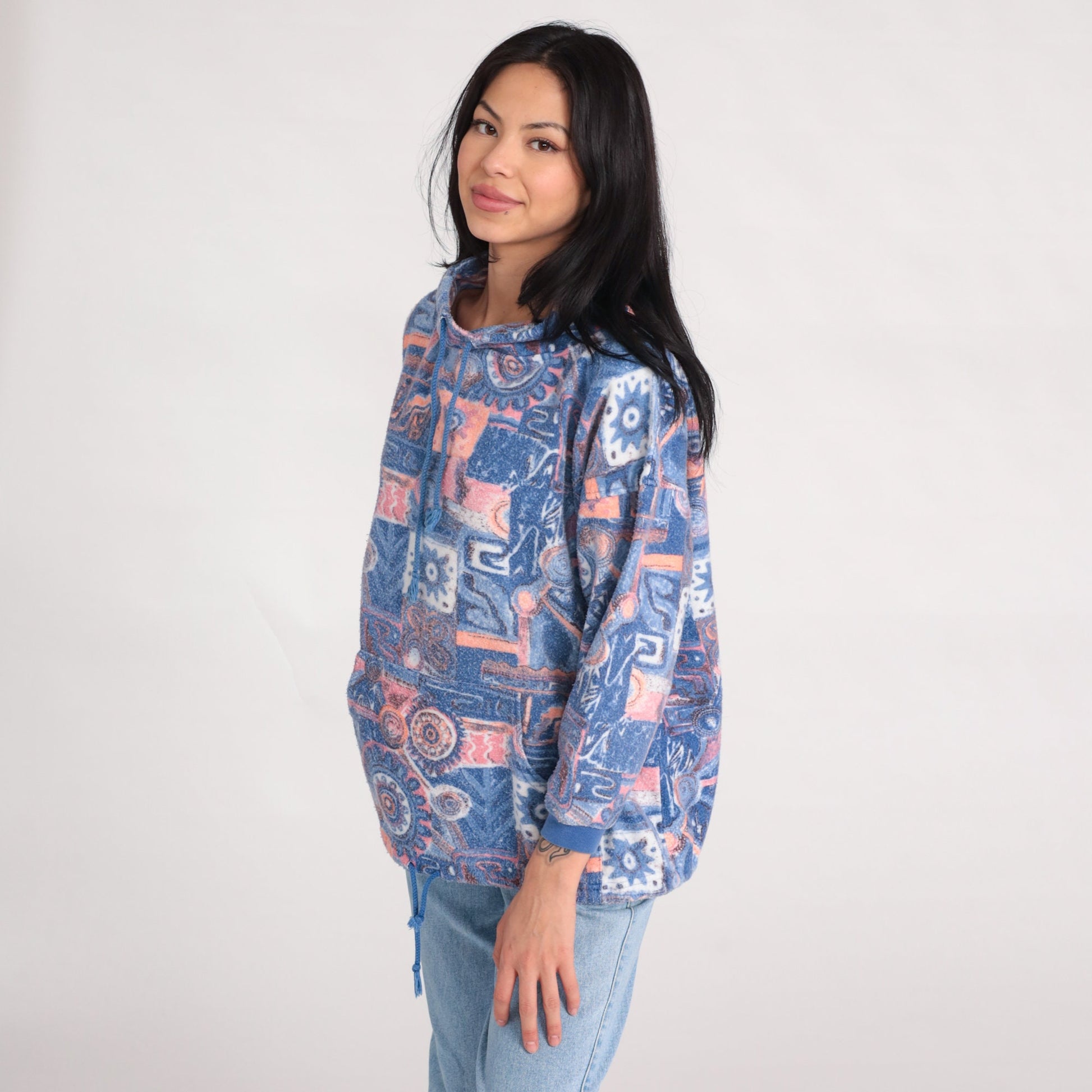 90s Blue Geometric Fleece Pullover Sweatshirt Drawstring Funnel Neck Small S