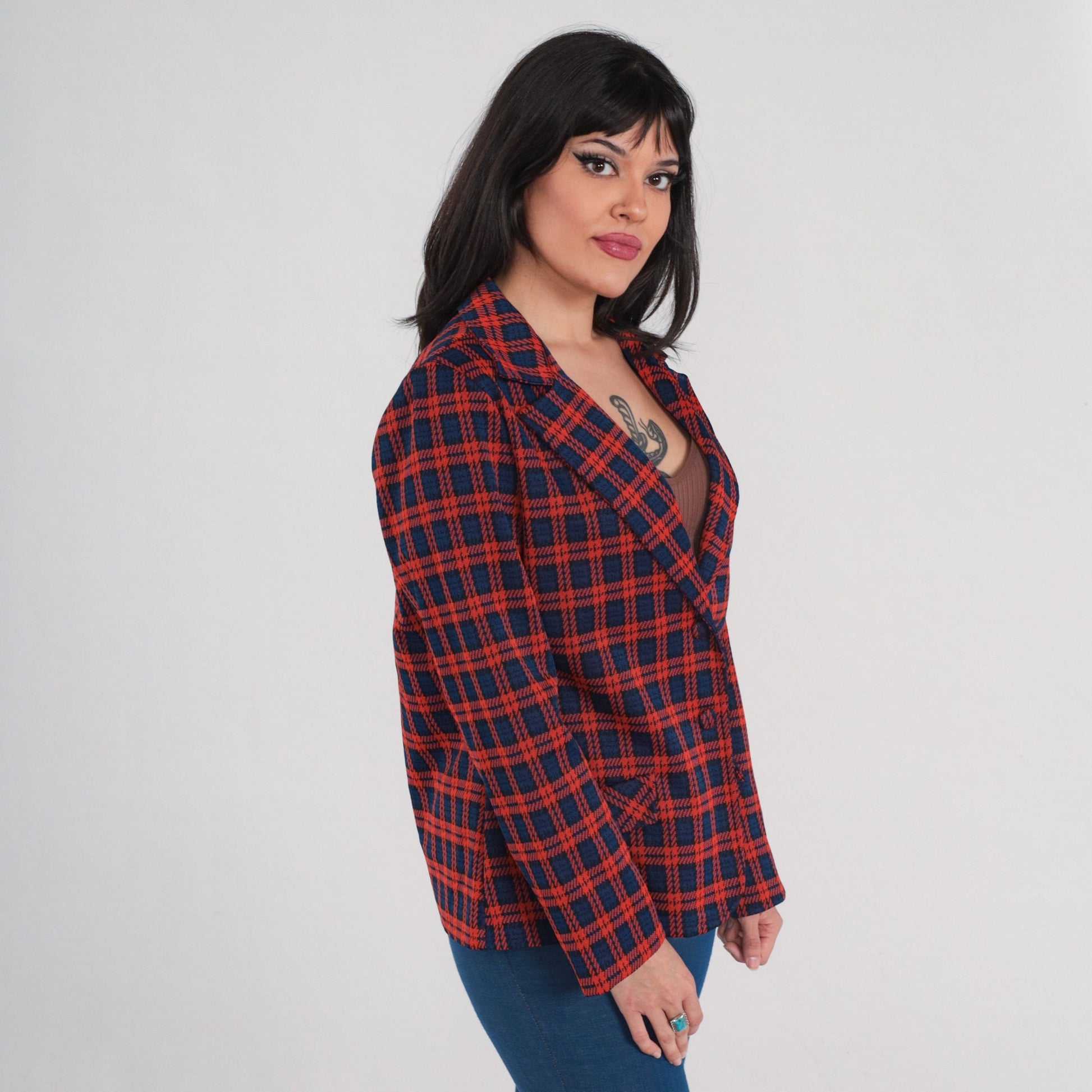 70s Plaid Blazer Red Blue Checkered Notched Collar Button Up Medium