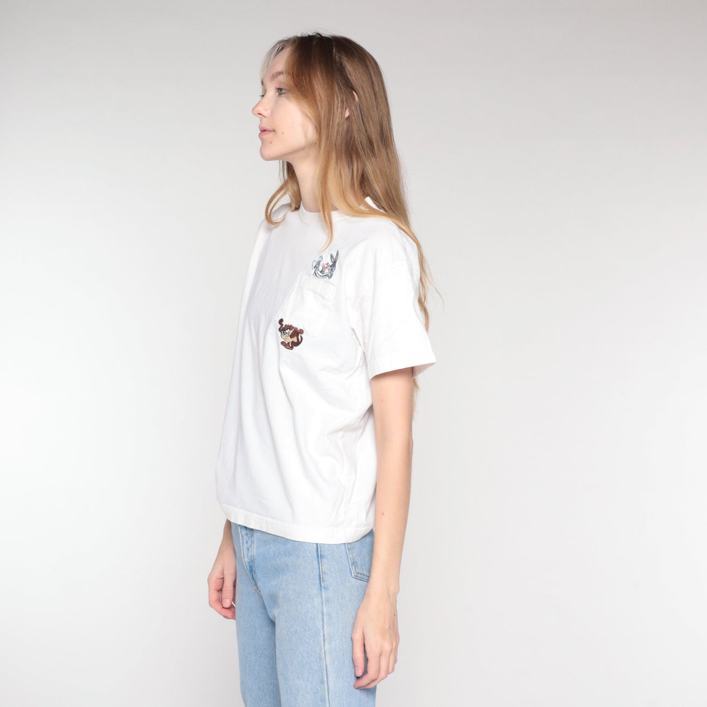 00s Warner Bros Looney Tunes Embroidered Pocket Tee White Medium M