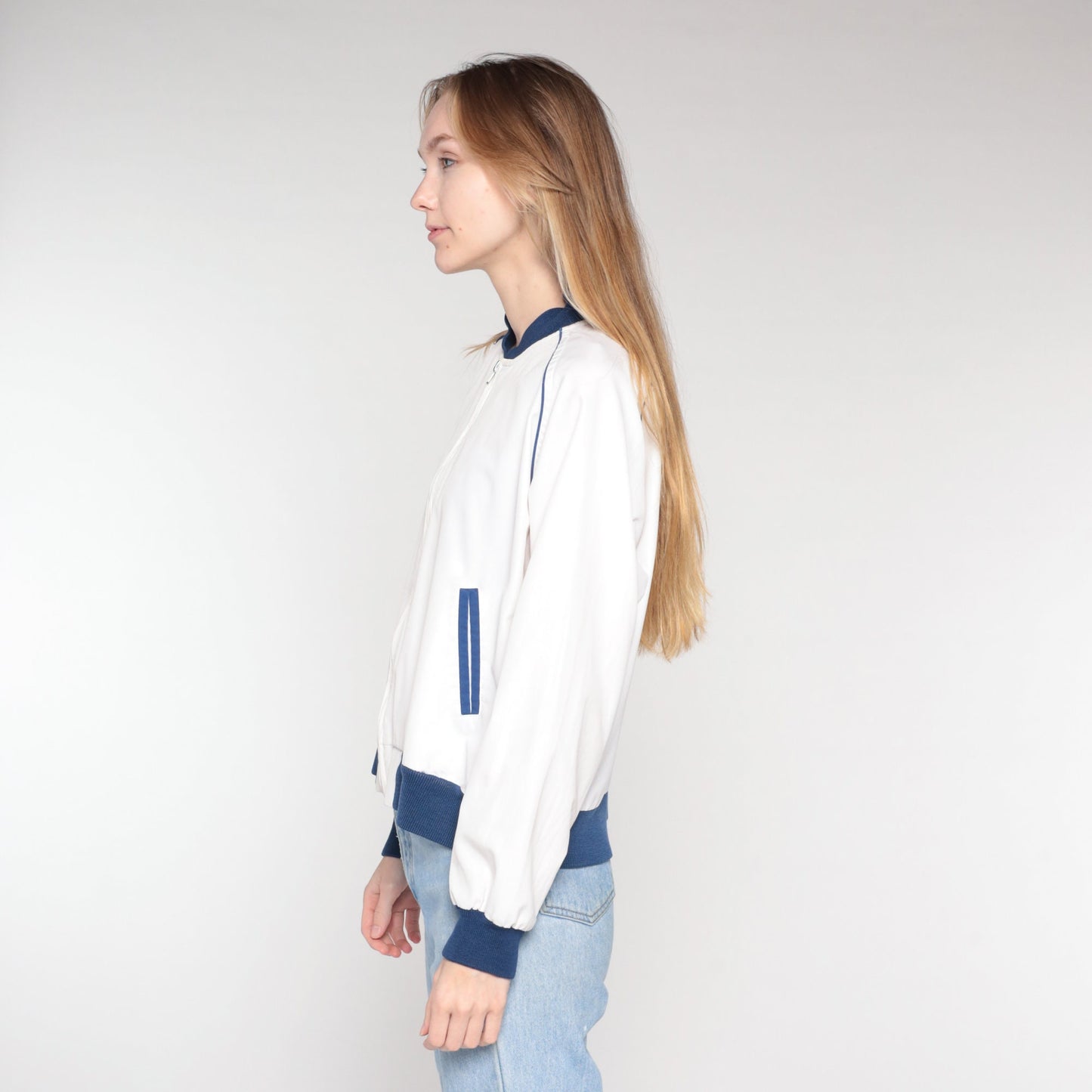 80s White Bomber Jacket Blue Trim Windbreaker Zip Front Large L