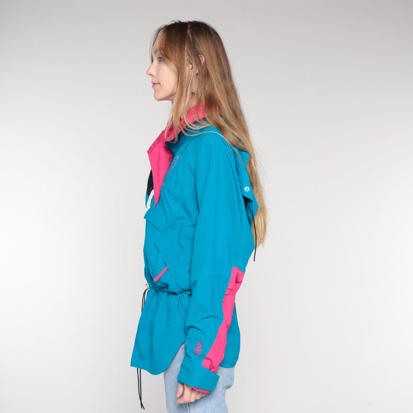 80s Blue Pink Hooded Ski Jacket Pullover Windbreaker Nylon Medium M