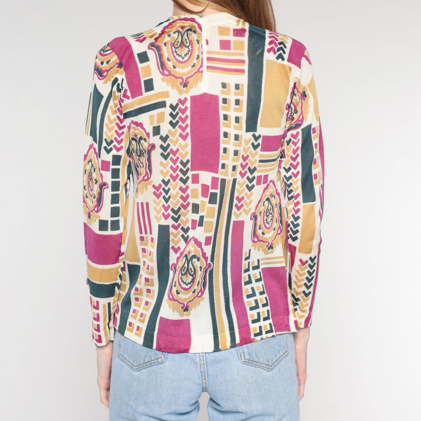 70s Abstract Geometric Paisley Knit Top Mock Neck Long Sleeve Small