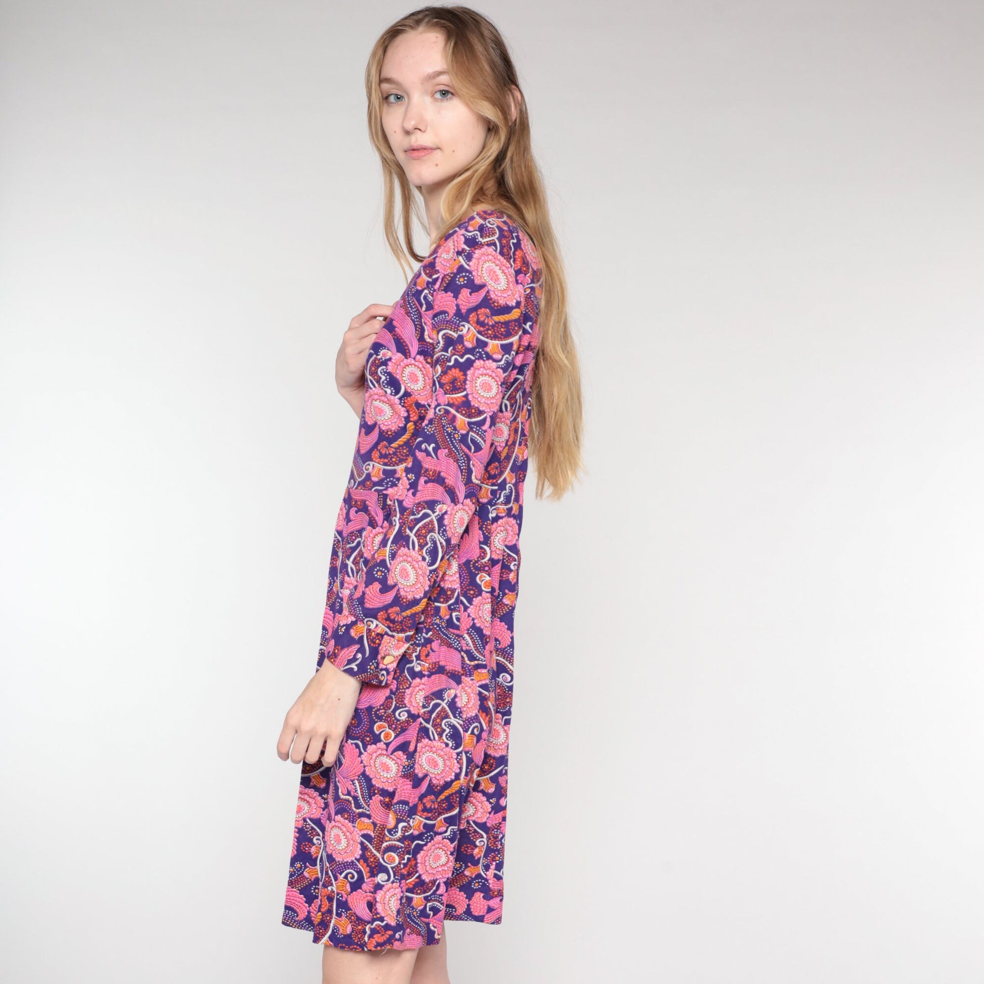 70s Purple Pink Floral Mini Dress Long Sleeve V-Neck Small S