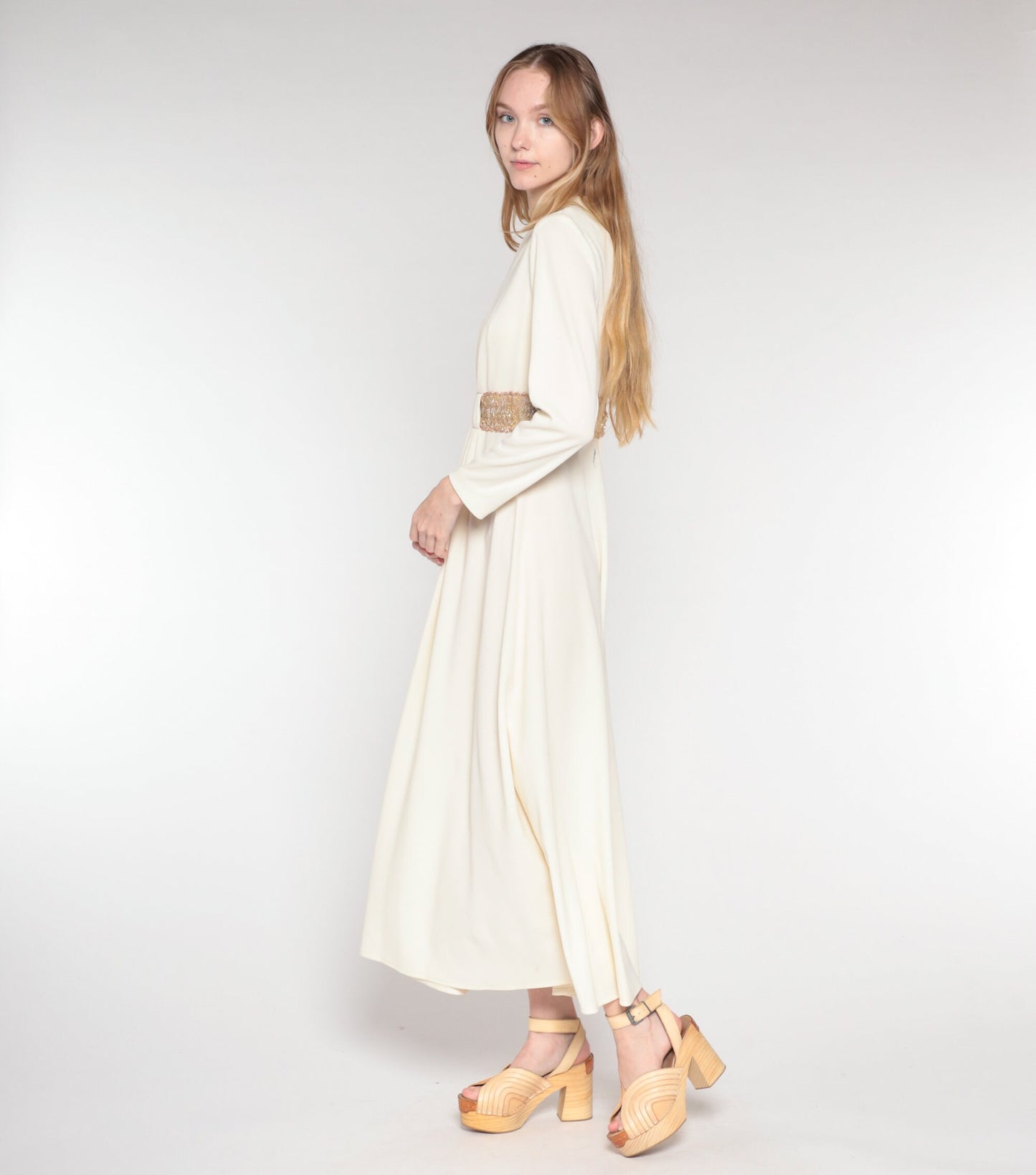 70s Grecian Maxi Dress Cream Sequin V-Neck Long Sleeve Small S