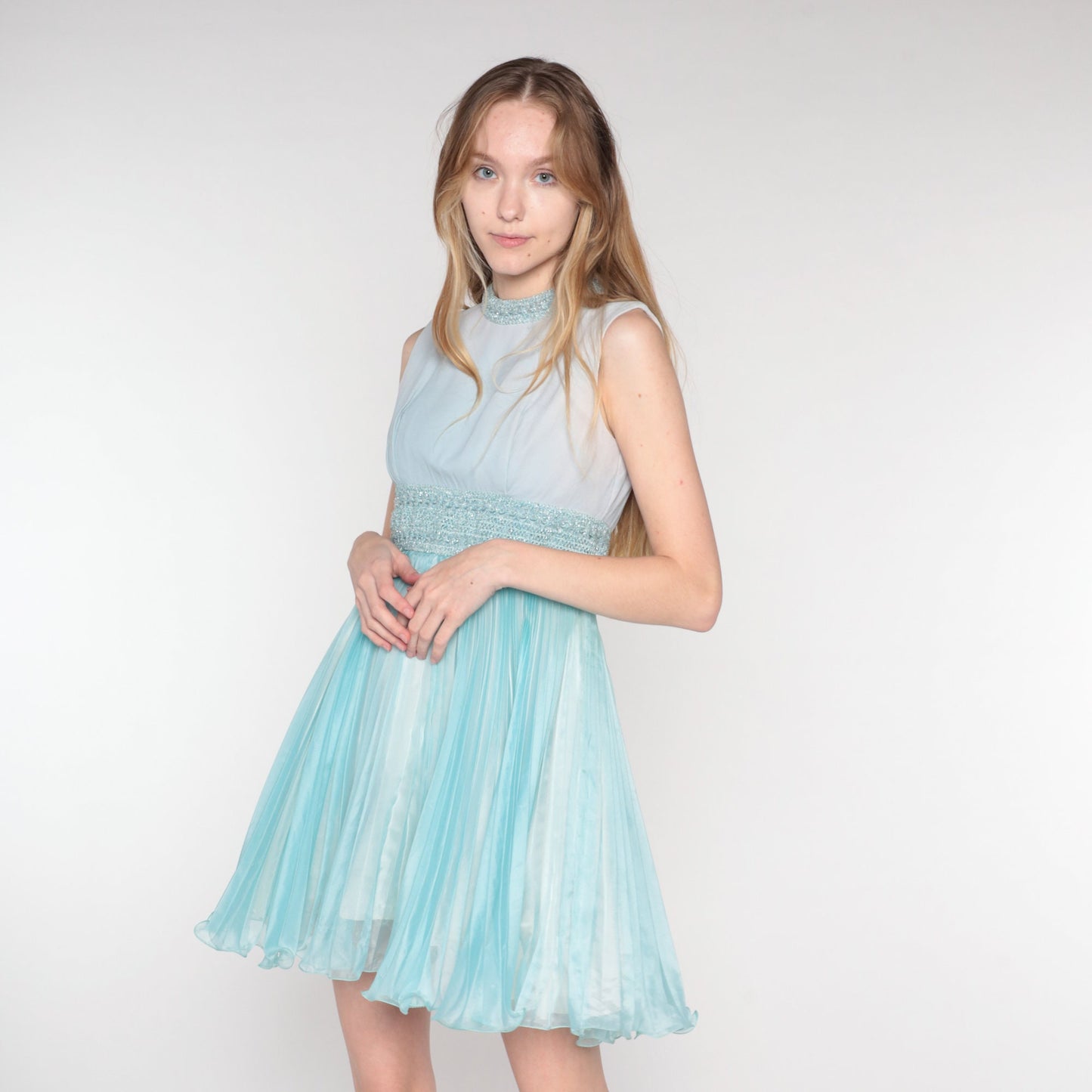 60s Blue Sparkly Empire Waist Mini Dress Sleeveless Pleated Cocktail Extra Small