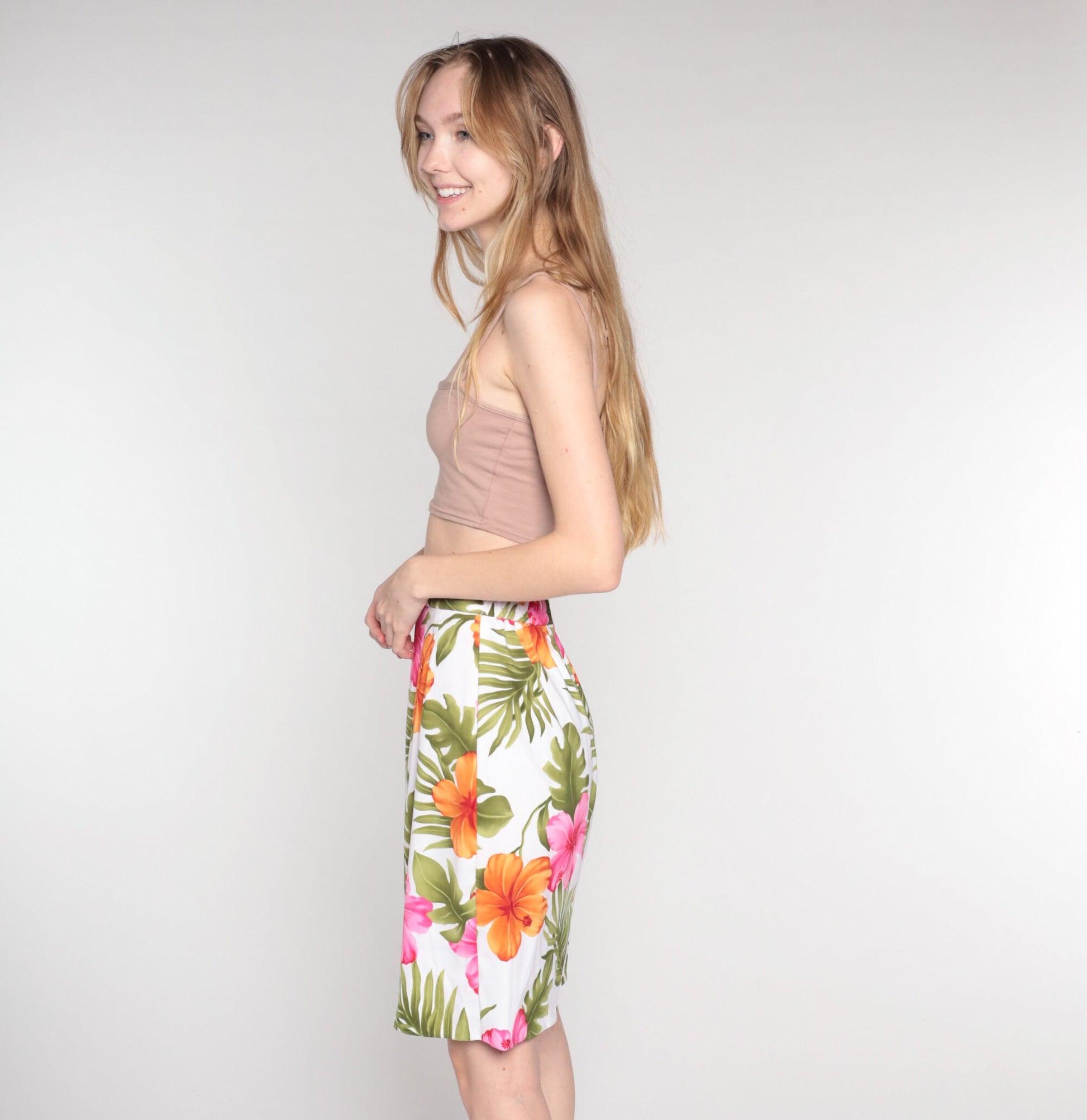 90s Tropical Floral White Mini Pencil Skirt High Waisted Small 6