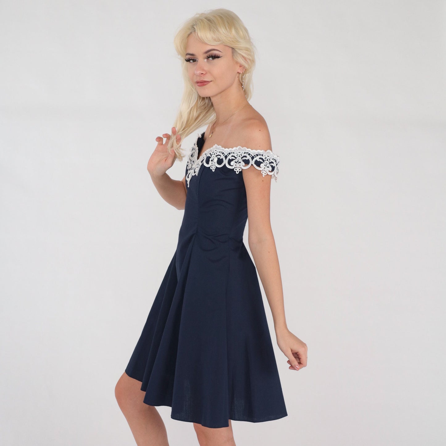 80s Gunne Sax Mini Dress Navy Floral Lace Off-Shoulder Fit Flare XXS