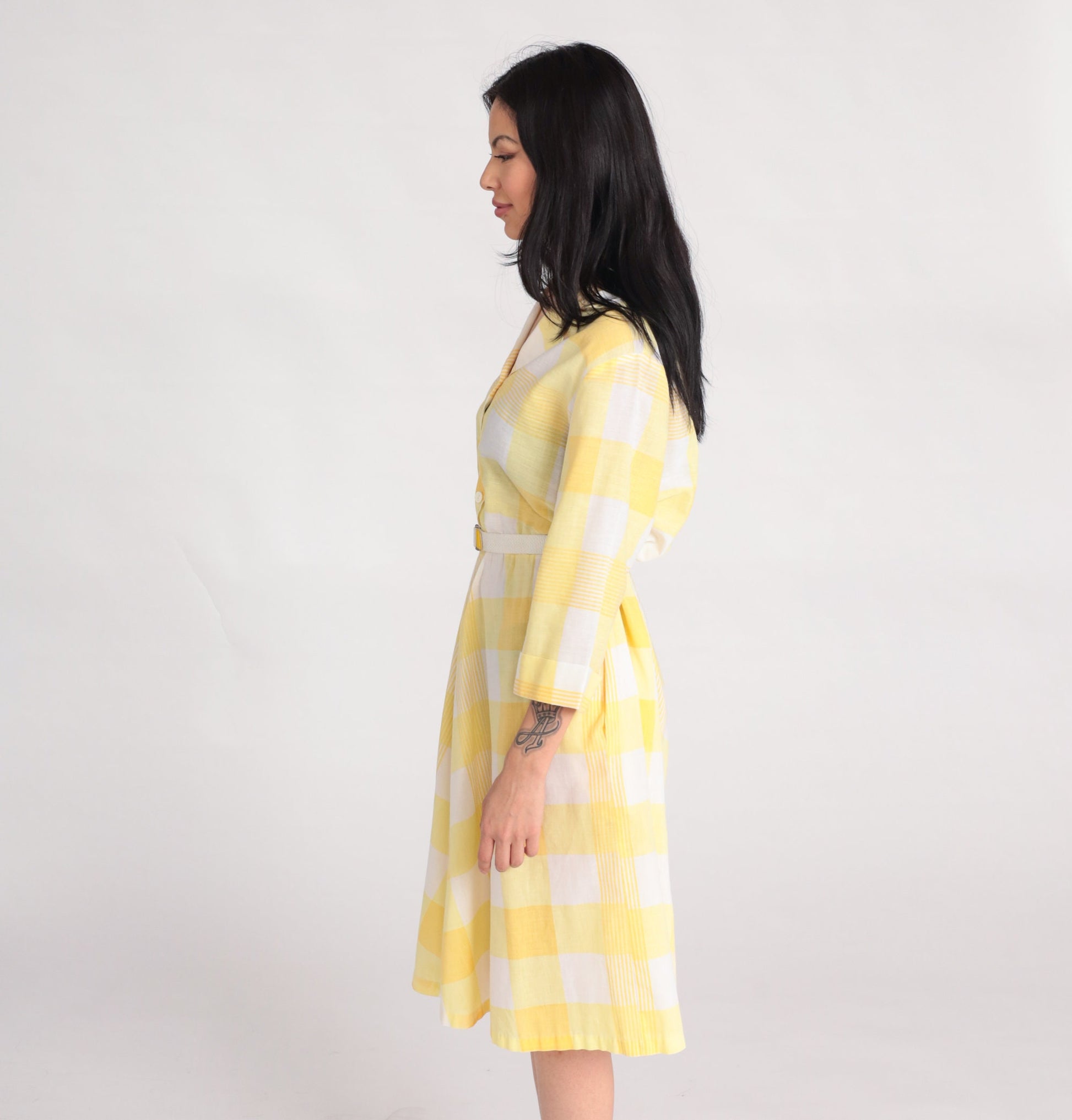 80s Blair Yellow Plaid Midi Shirtdress High Waist Button Up Medium