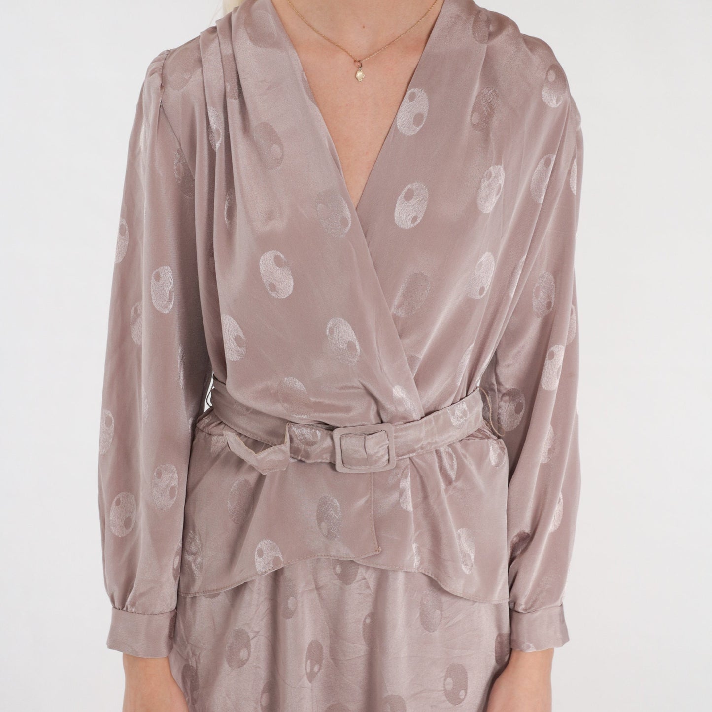 80s Taupe Peplum Midi Dress High Waist V Neck Long Sleeve Embossed Dot Small