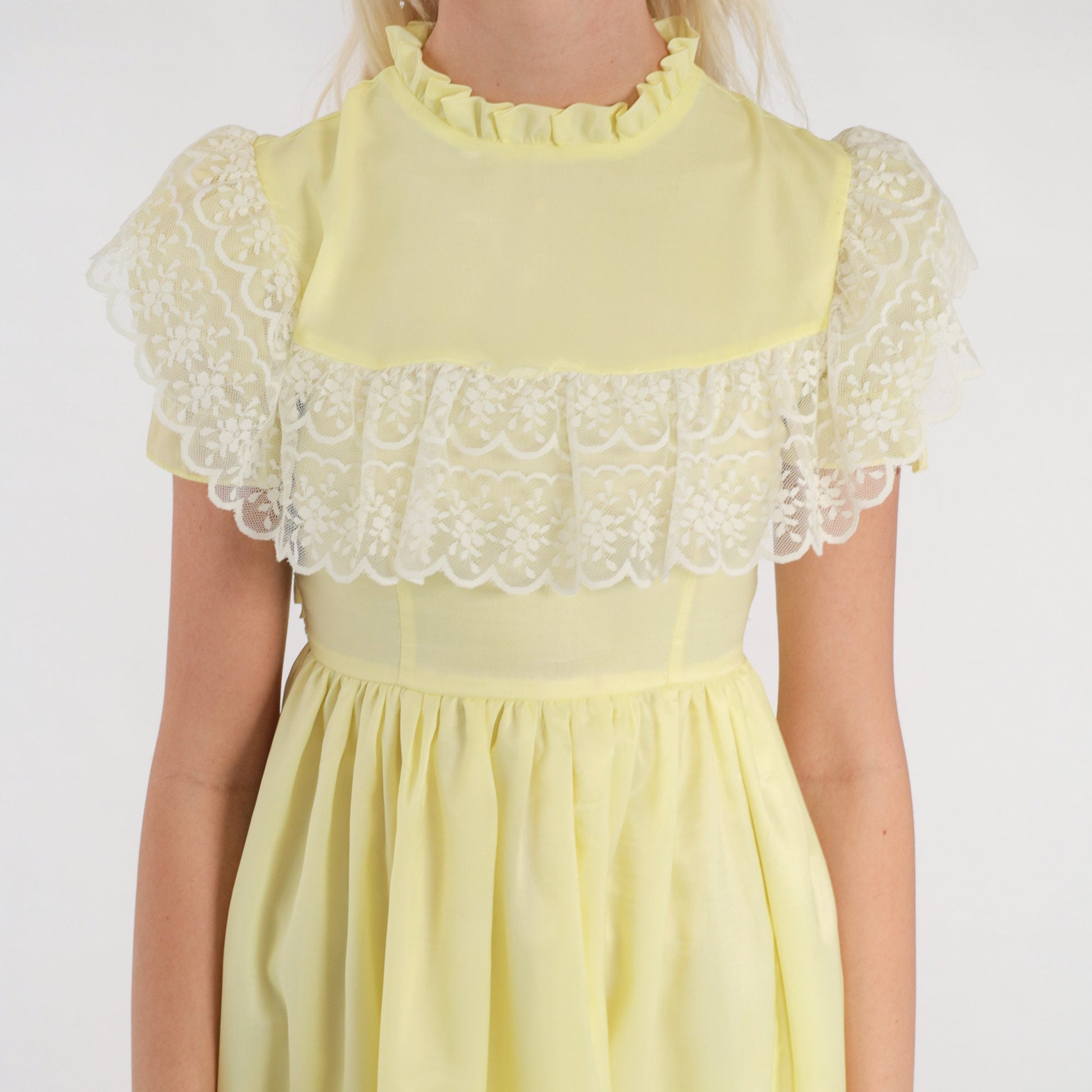 70s Yellow Midi Dress Lace Trim High Waist Puff Sleeve Ruffled Neck XXS