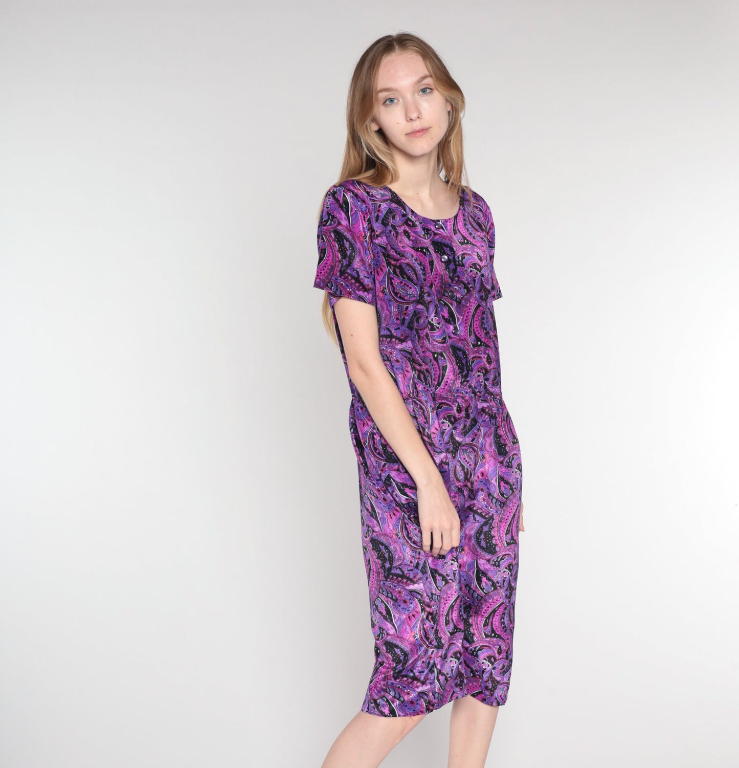 60s Paisley Shirtwaist Midi Dress Purple Pink Black Button-Up Medium Large