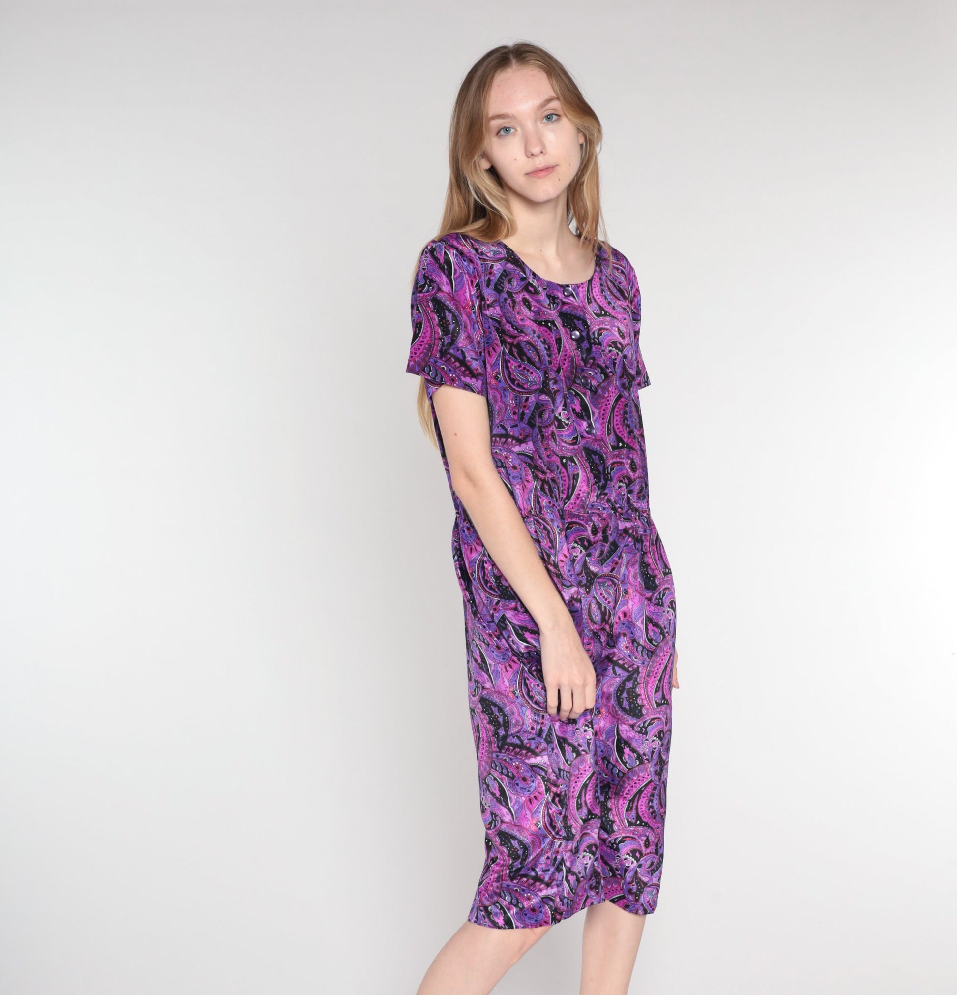 60s Paisley Shirtwaist Midi Dress Purple Pink Black Button-Up Medium Large