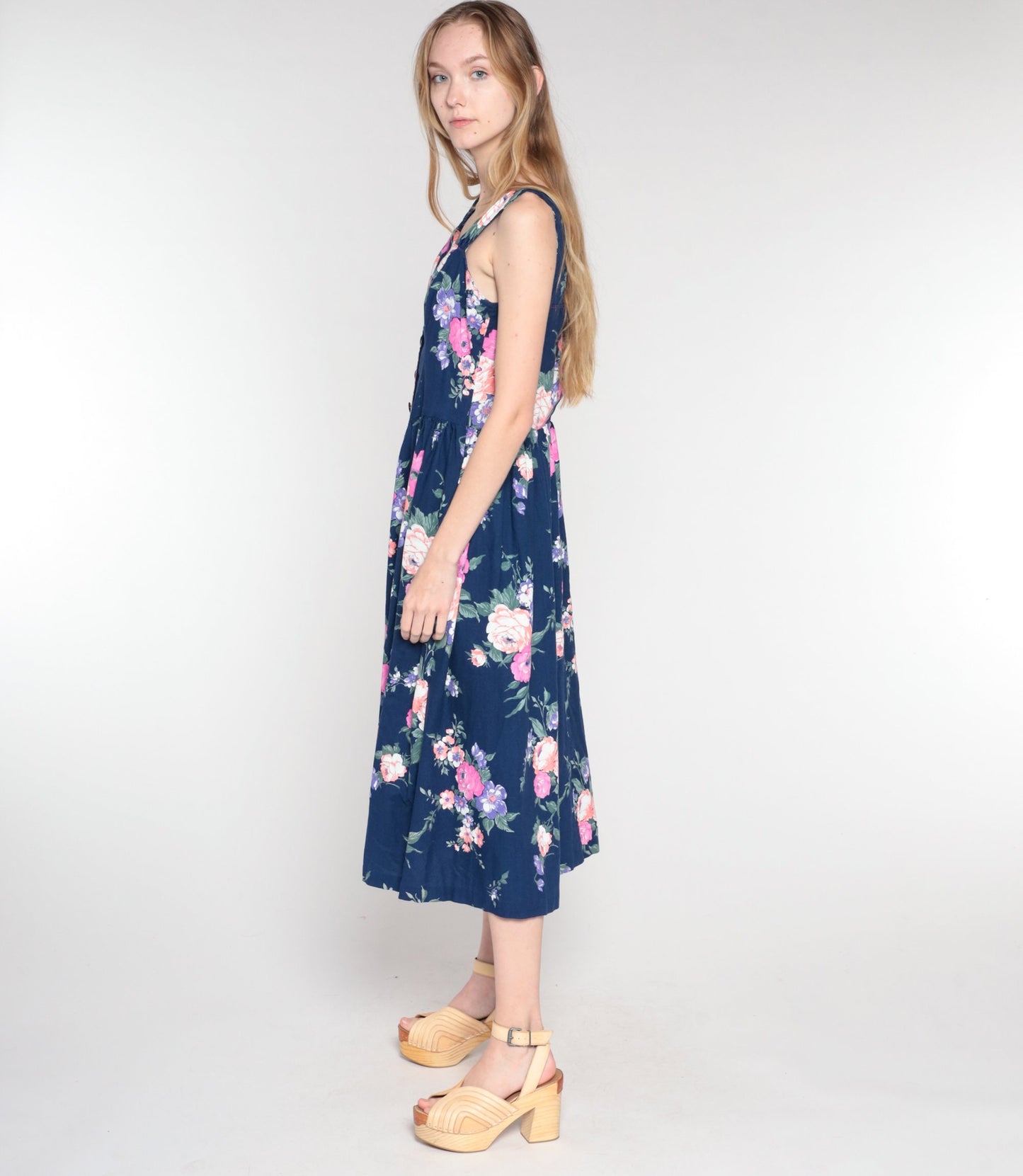 80s Navy Floral Midi Dress Sweetheart Neckline Button Front Sleeveless Medium M