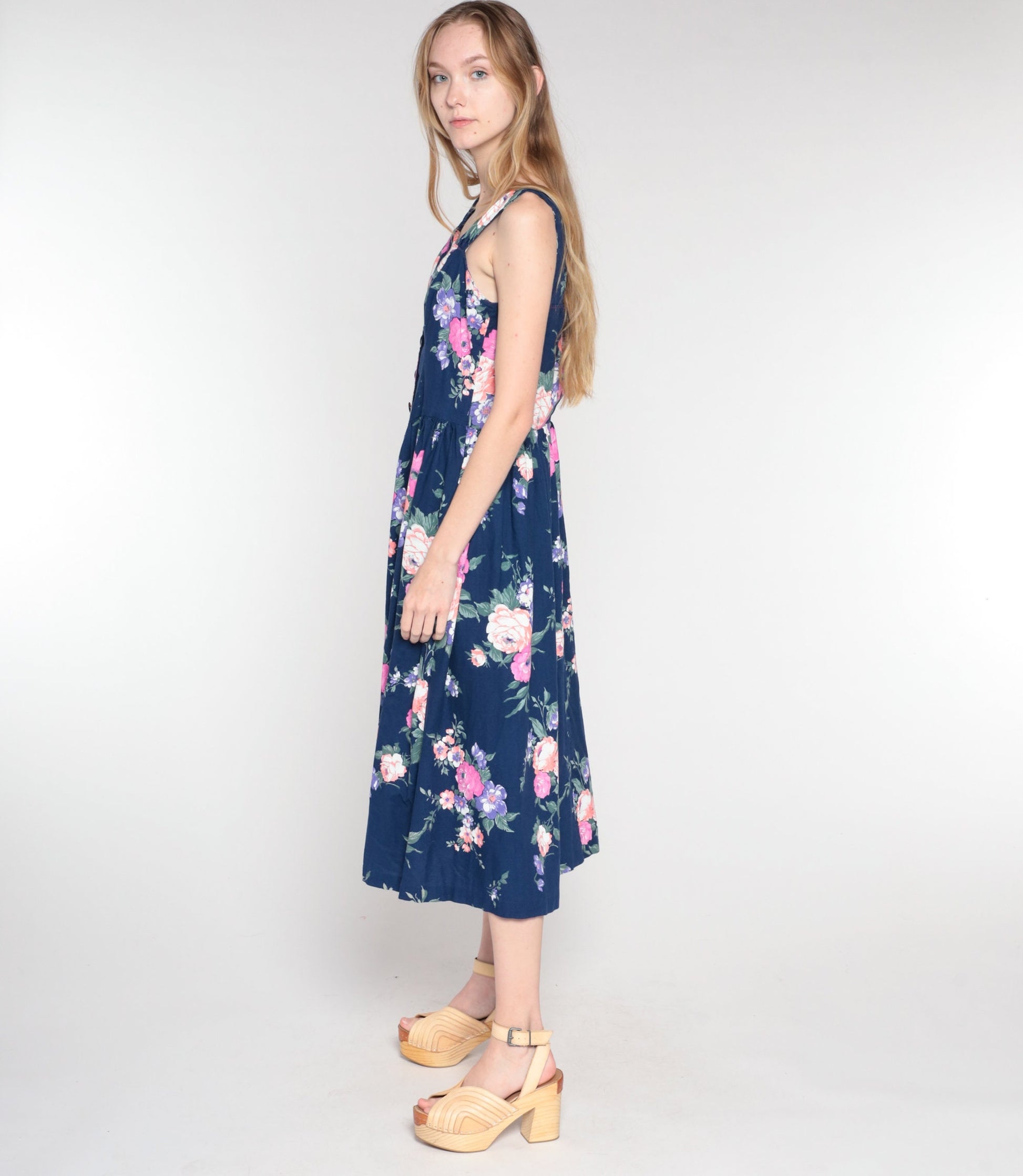 80s Navy Floral Midi Dress Sweetheart Neckline Button Front Sleeveless Medium M