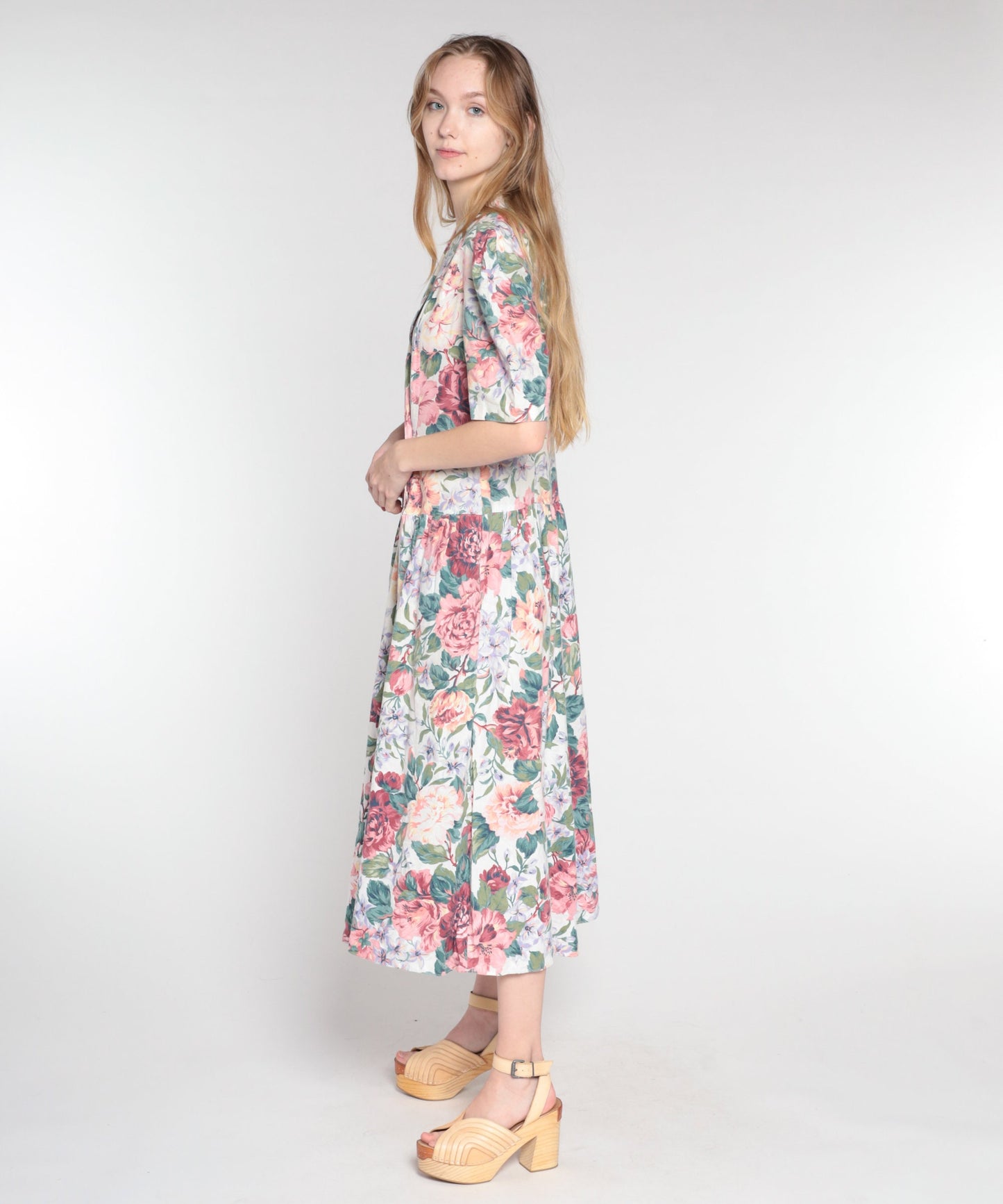 90s Floral Midi Dress Double Breasted Puff Sleeve Basque Waist Cotton Medium