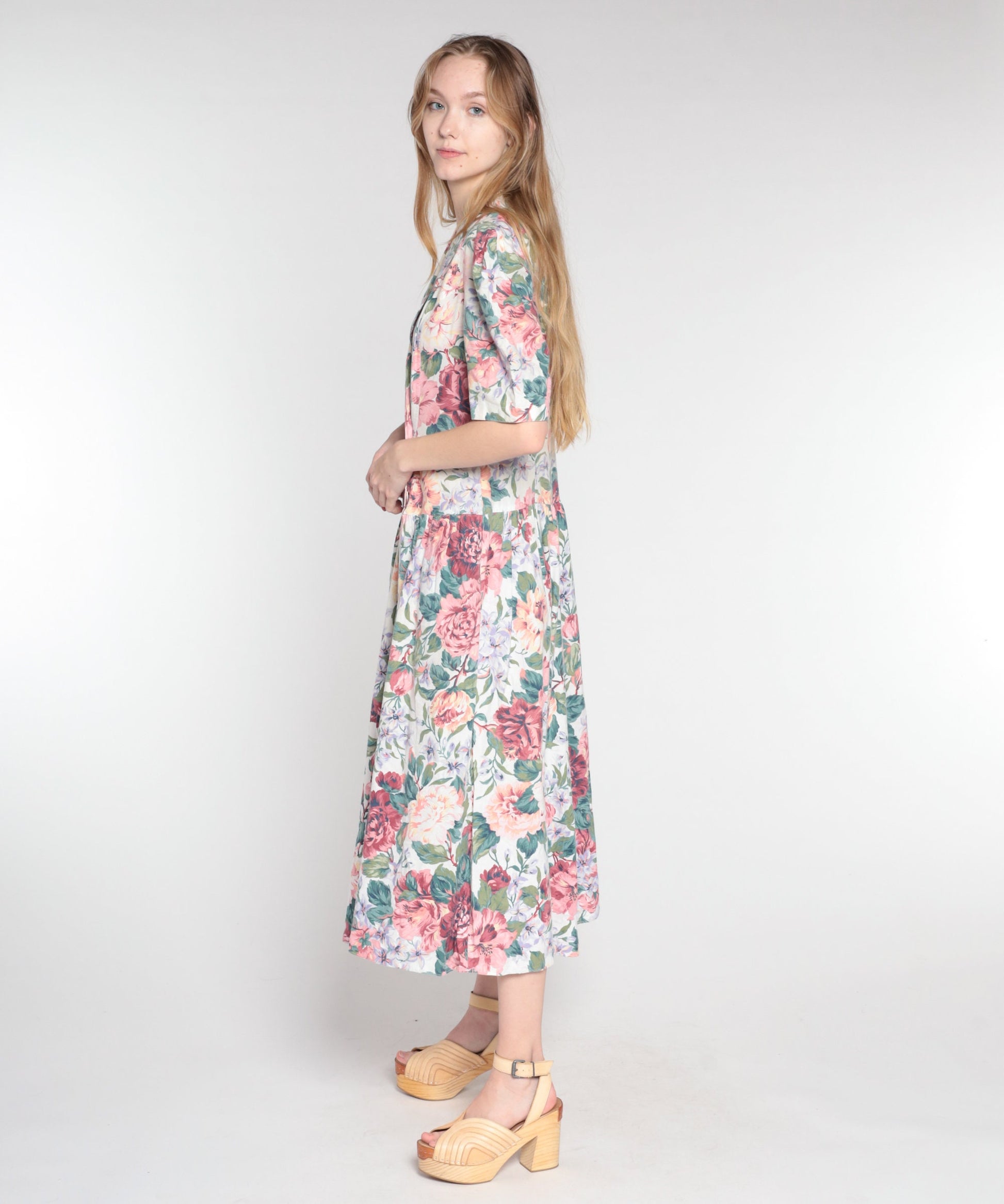 90s Floral Midi Dress Double Breasted Puff Sleeve Basque Waist Cotton Medium