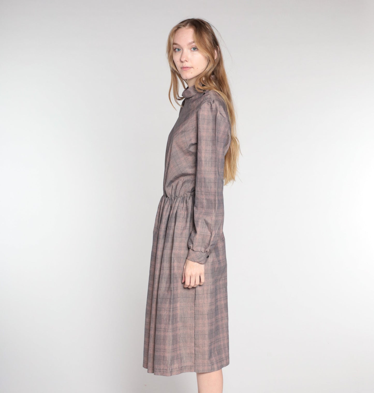 80s Grey Plaid Midi Dress Mock Neck Long Sleeve High Waist Small Medium