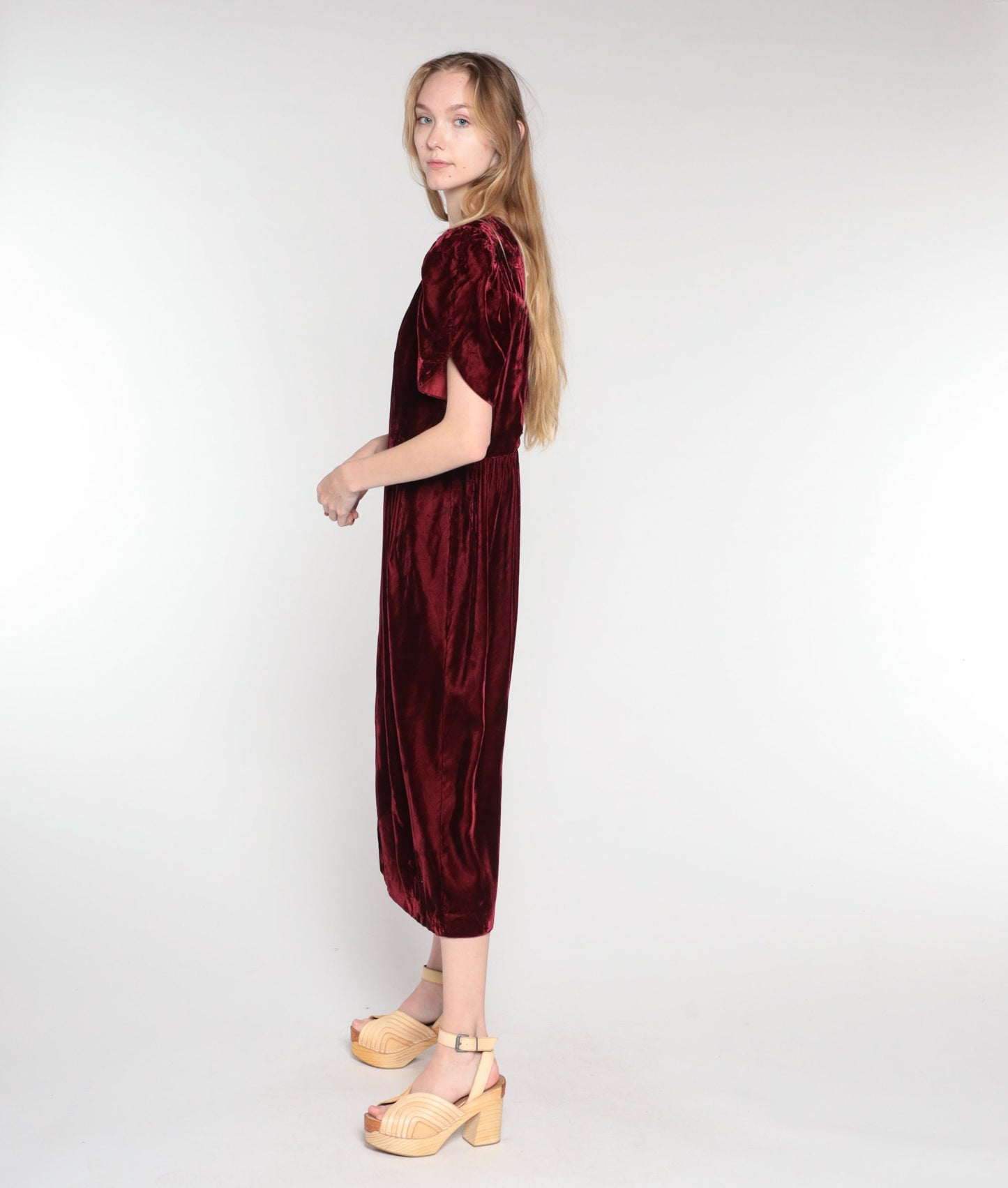 80s Lands End Burgundy Velvet Midi Dress Puff Sleeve Low Back Medium